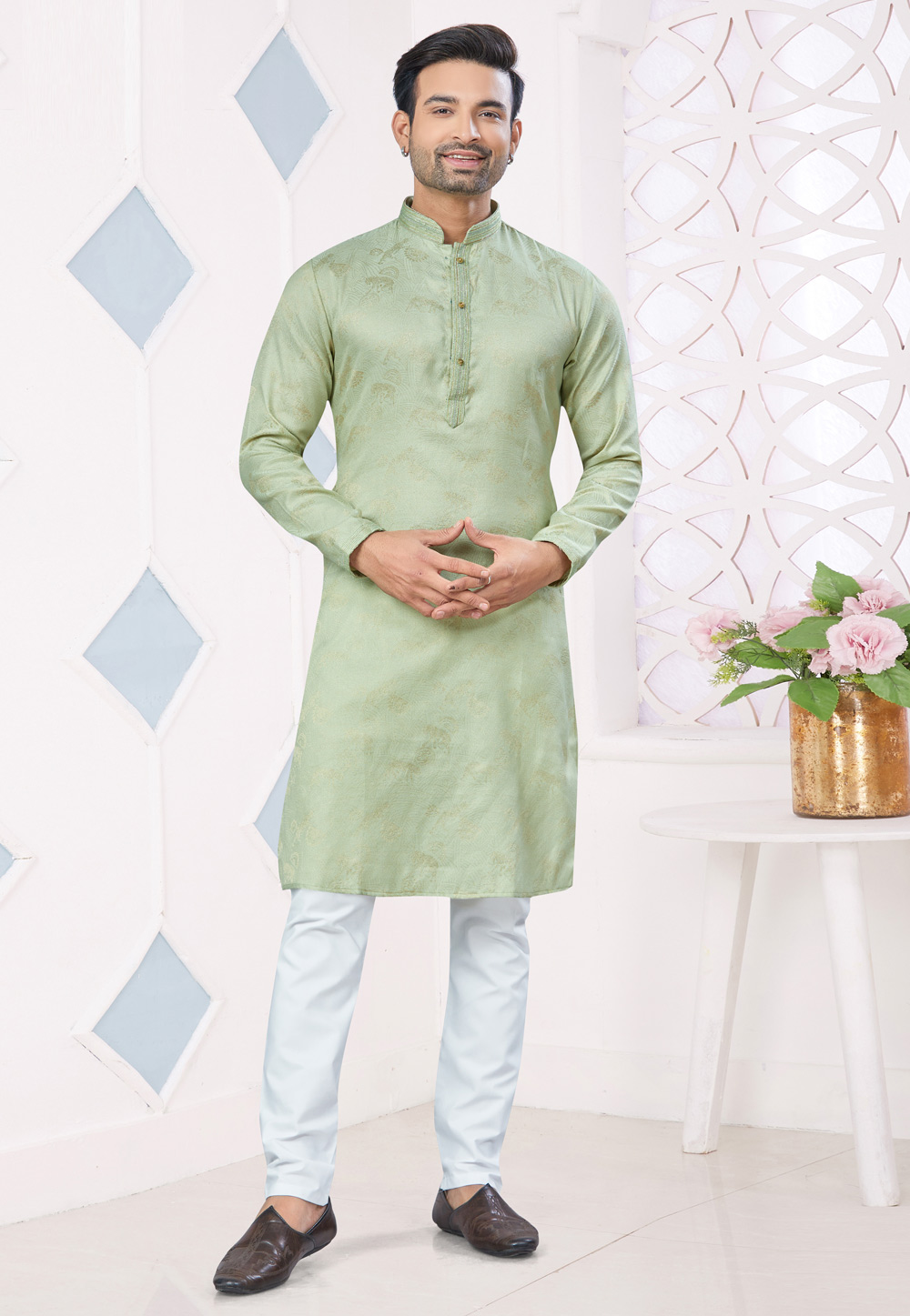 Pista Green Jacquard Kurta Pajama 306677