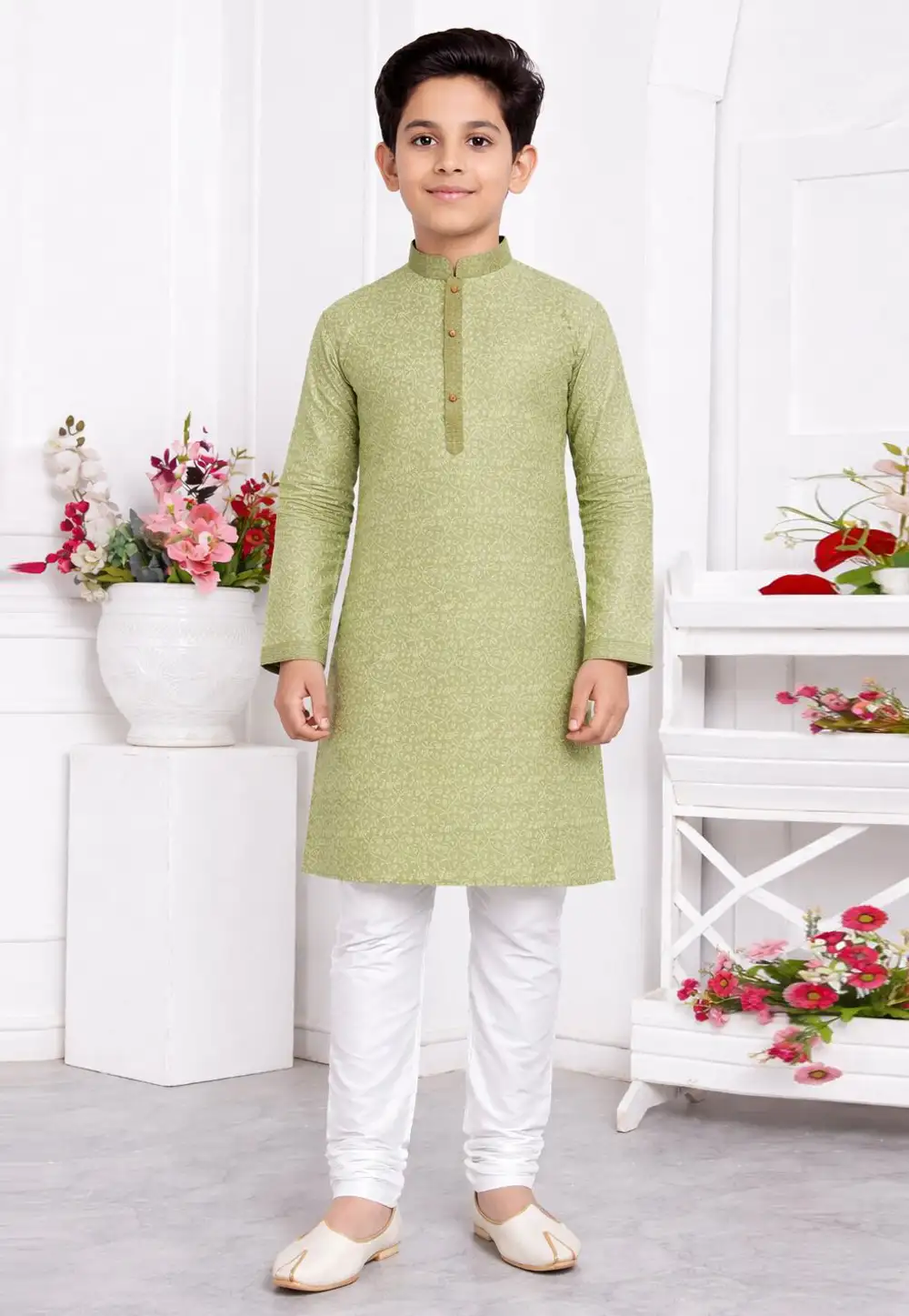 Pista Green Jacquard Silk Kids Kurta Pajama 330777