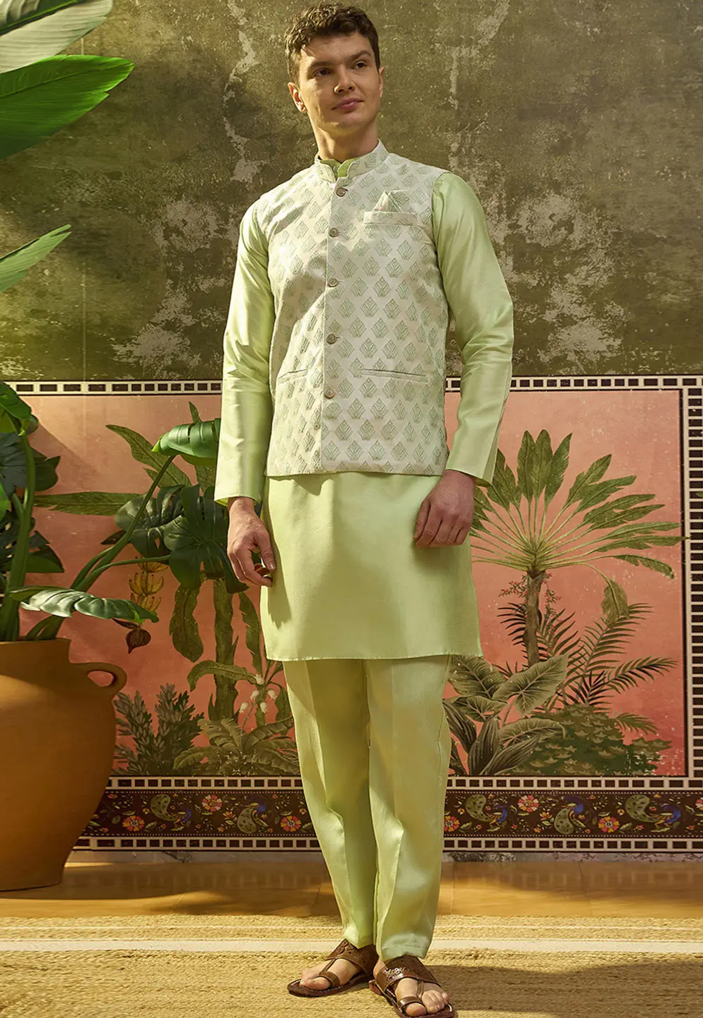 Pista Green Jacquard Silk Kurta Pajama With Jacket 331570