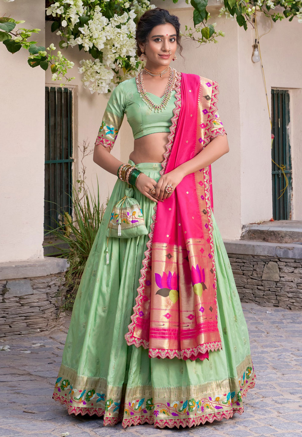 Pista Green Jacquard Silk Lehenga Choli 311239