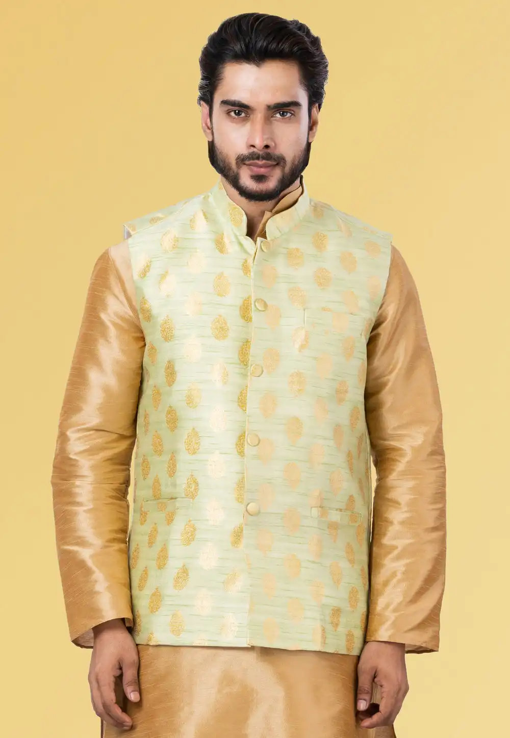 Pista Green Jacquard Silk Nehru Jacket 286923