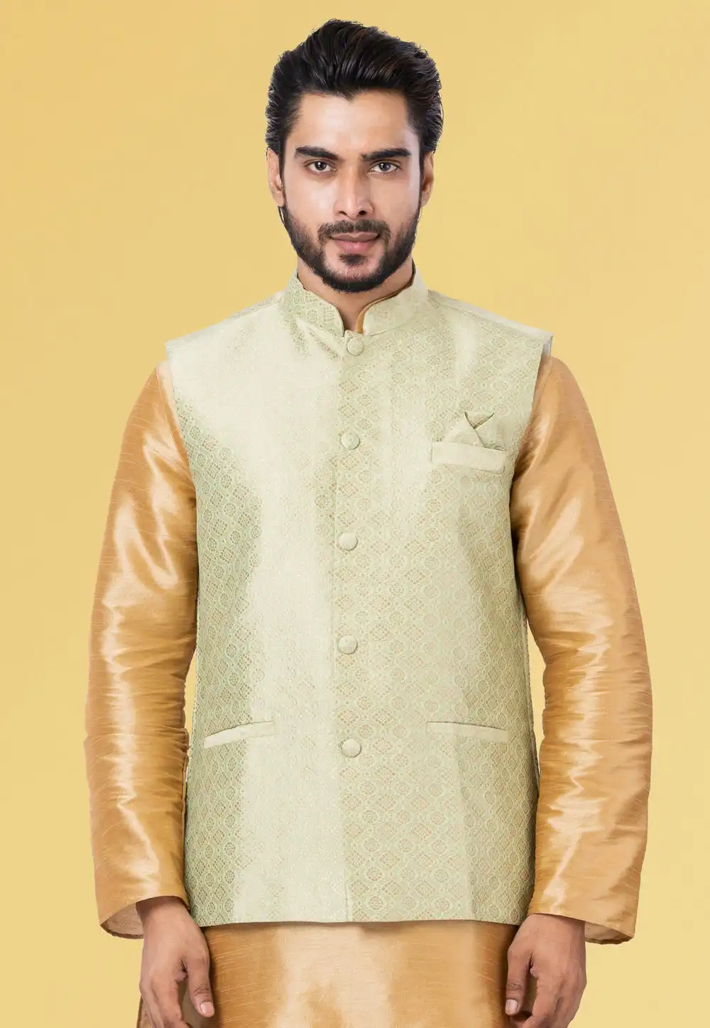 Pista Green Jacquard Silk Nehru Jacket 286932