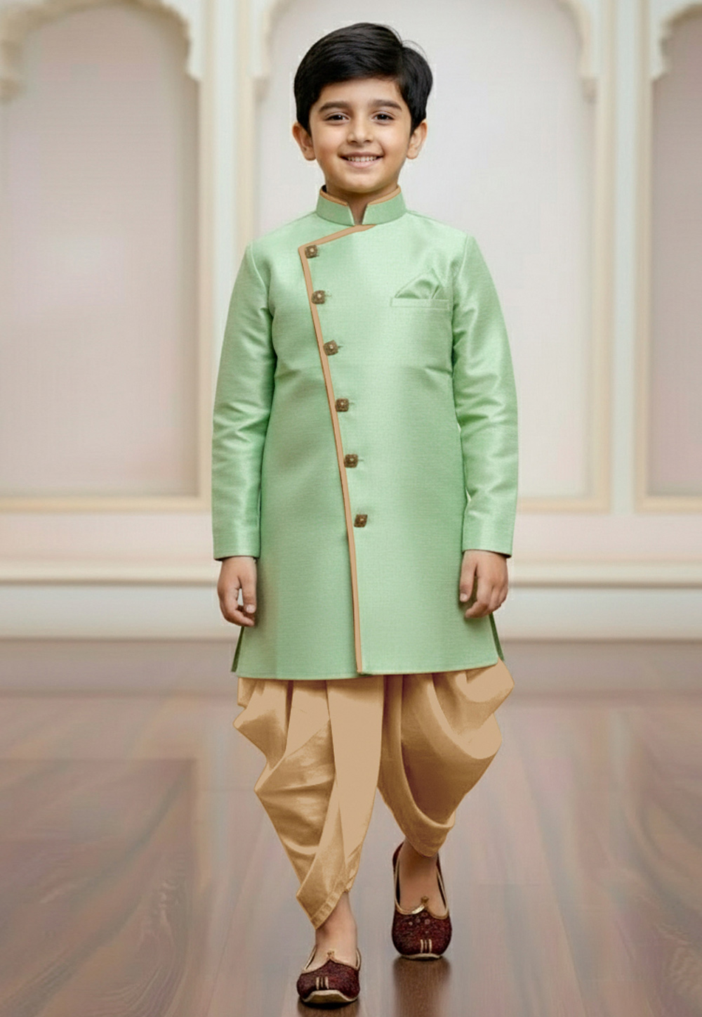 Pista Green Jute Silk Kids Indo Western Suit 319642