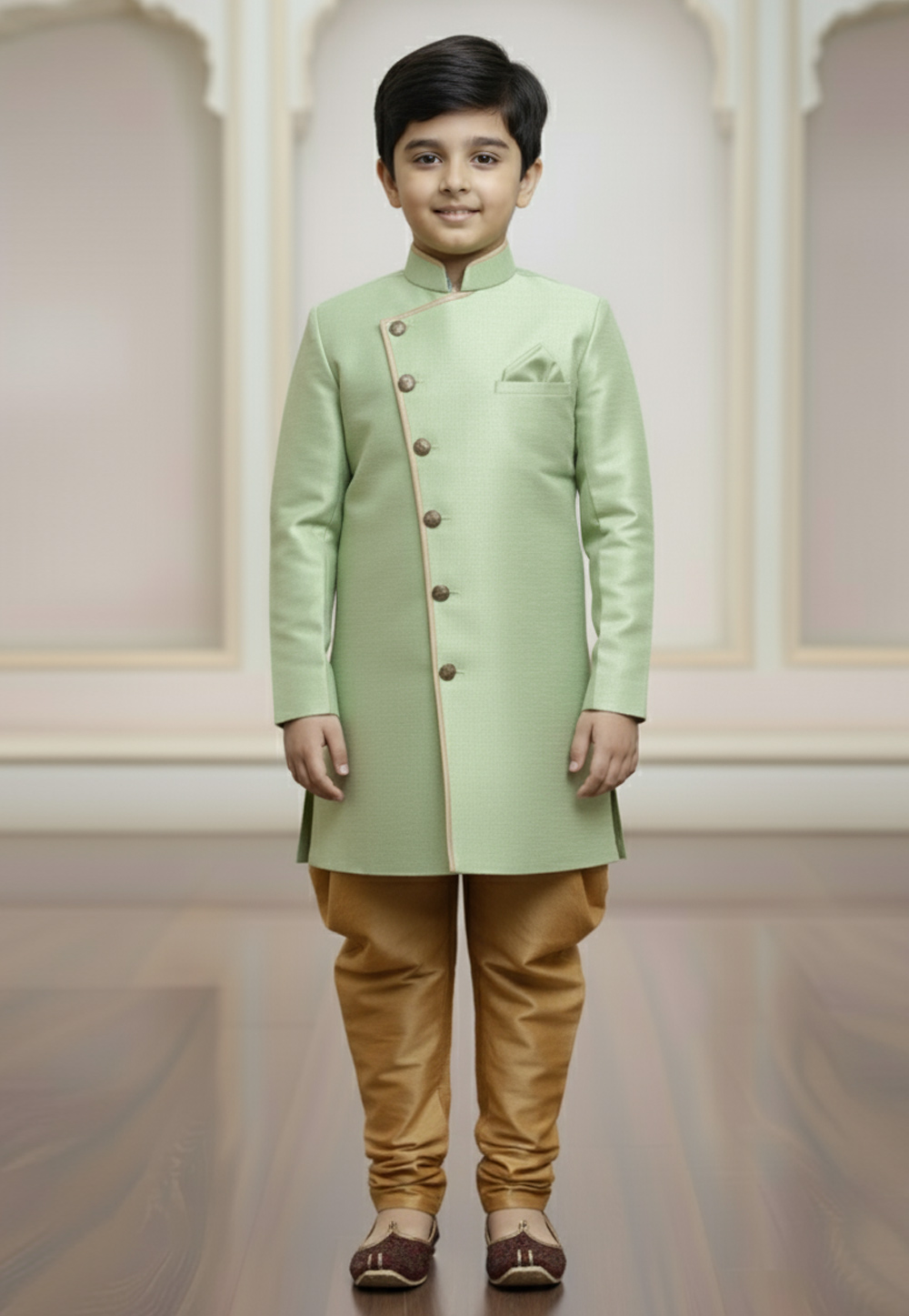 Pista Green Jute Silk Kids Indo Western Suit 319649