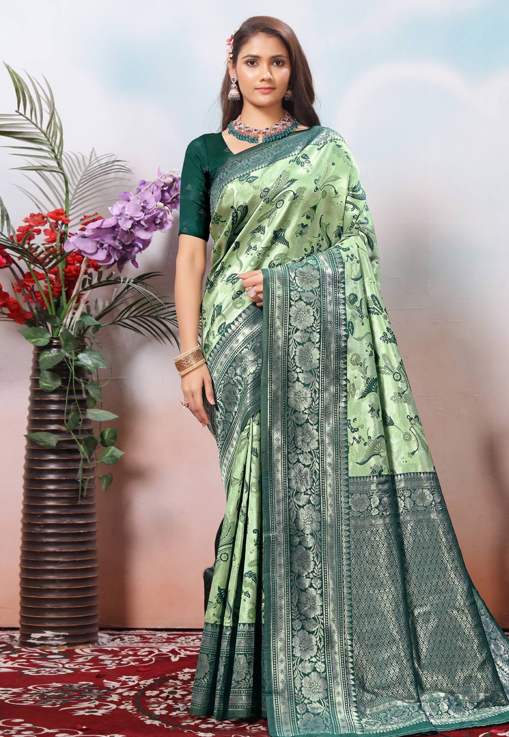 Pista Green Kanjivaram Silk Saree With Blouse 307713