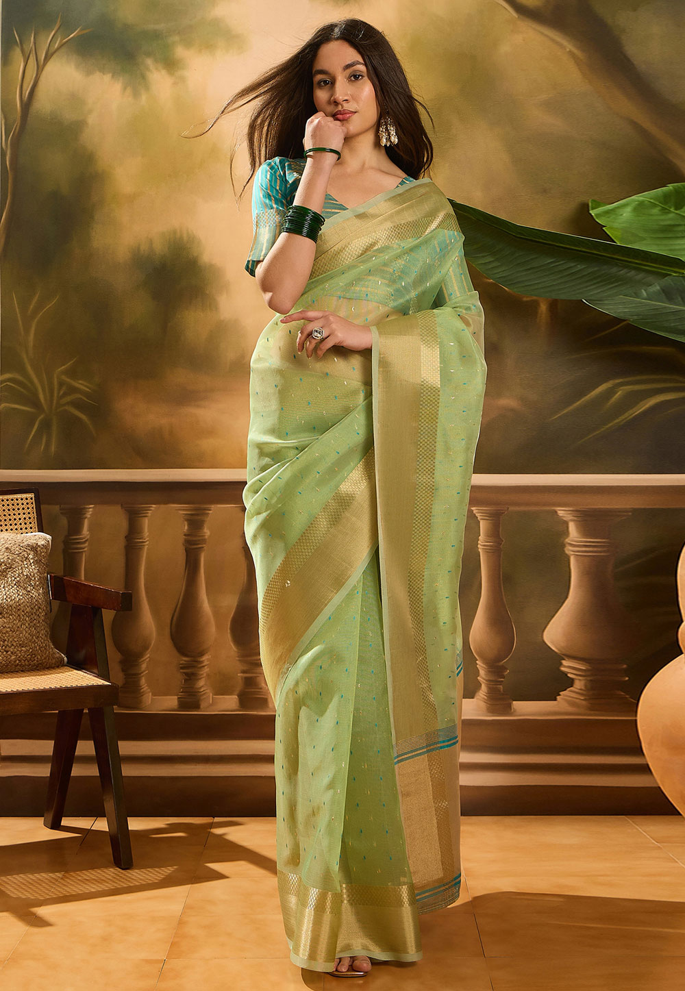Pista Green Khadi Saree With Blouse 309133