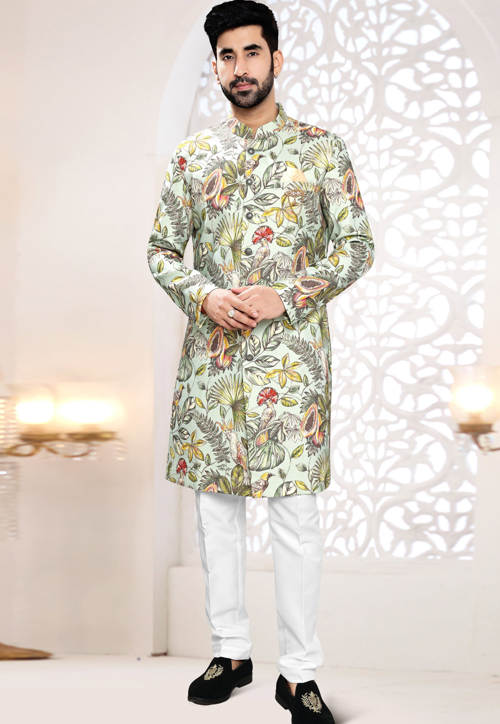 Pista Green Linen Indo Western Suit 306452