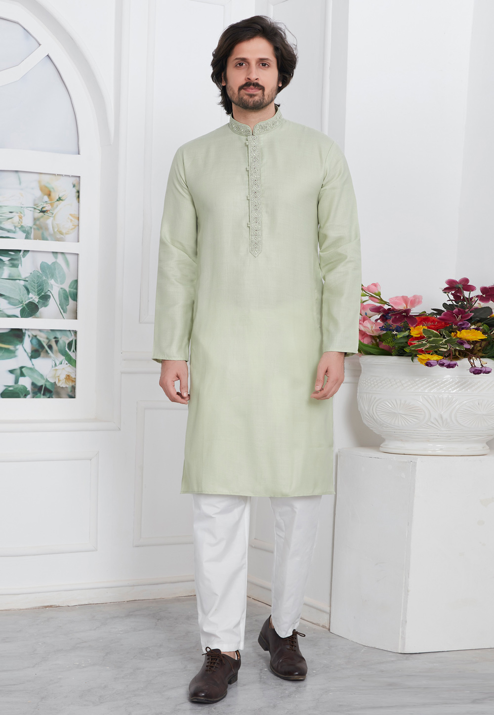 Pista Green Linen Kurta Pajama 283359