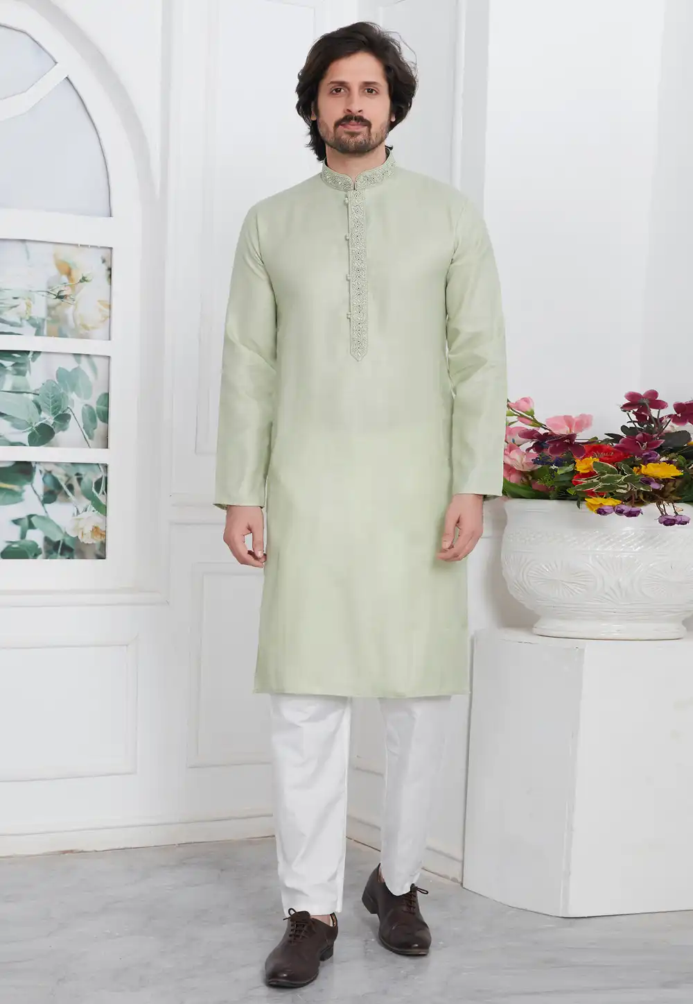 Pista Green Linen Kurta Pajama 283359