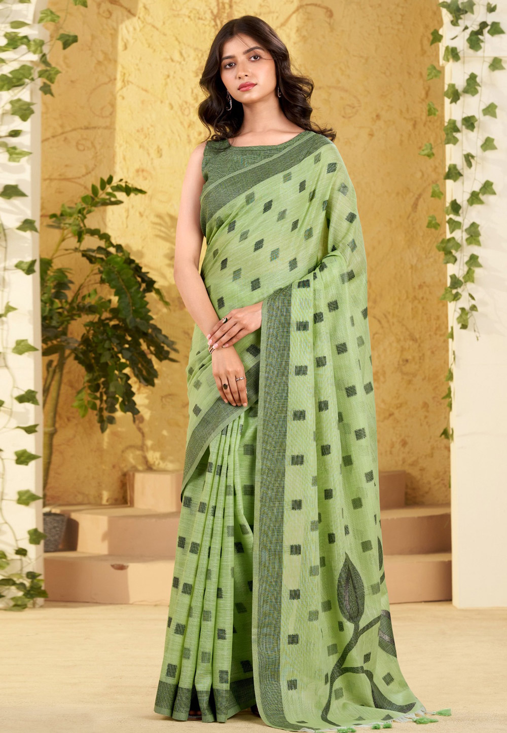 Pista Green Linen Saree With Blouse 321124