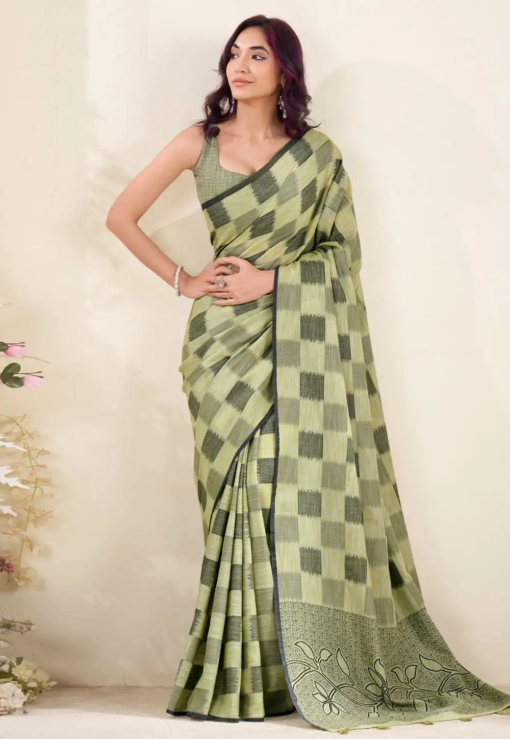 Pista Green Linen Saree With Blouse 316621