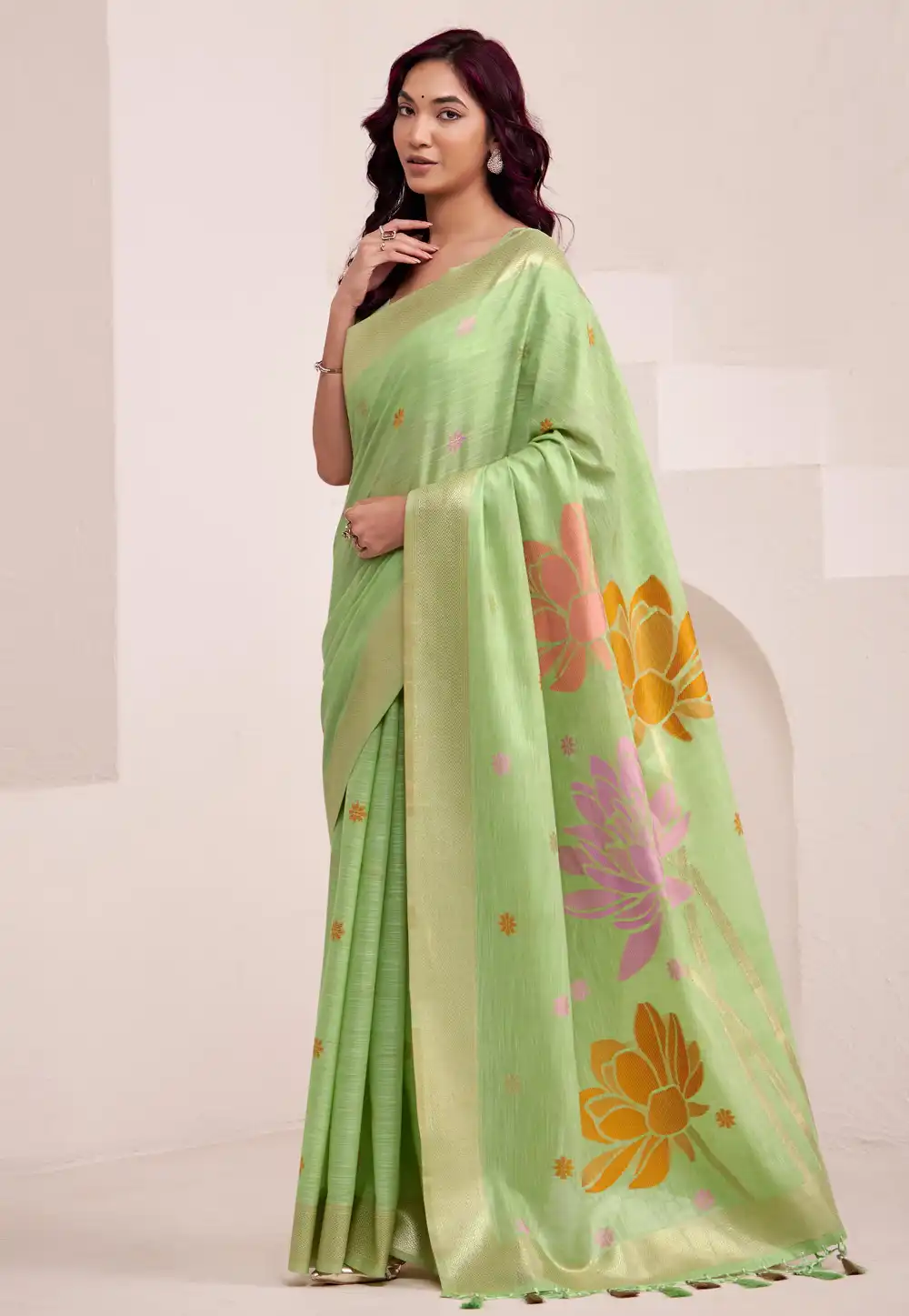 Pista Green Linen Saree With Blouse 316912