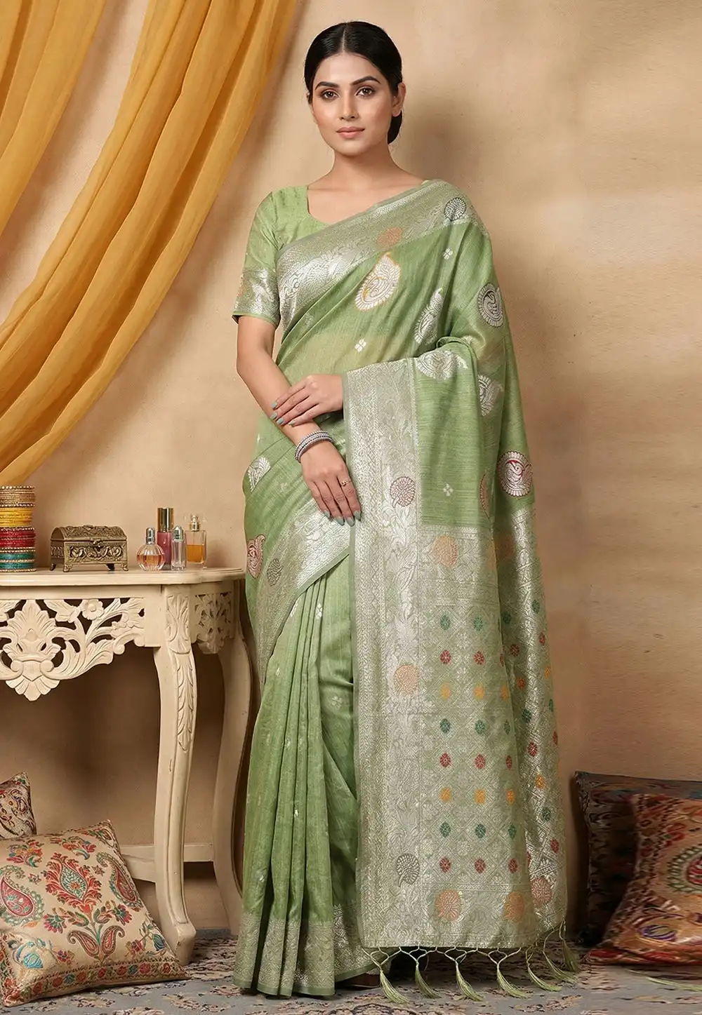 Pista Green Linen Saree With Blouse 326006
