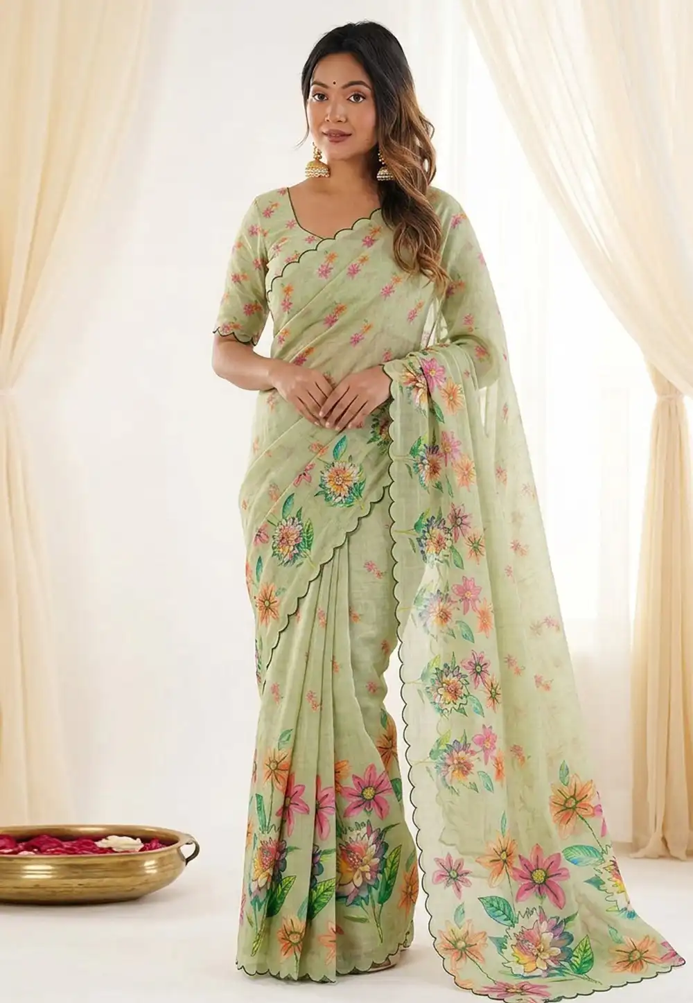Pista Green Linen Saree With Blouse 329414