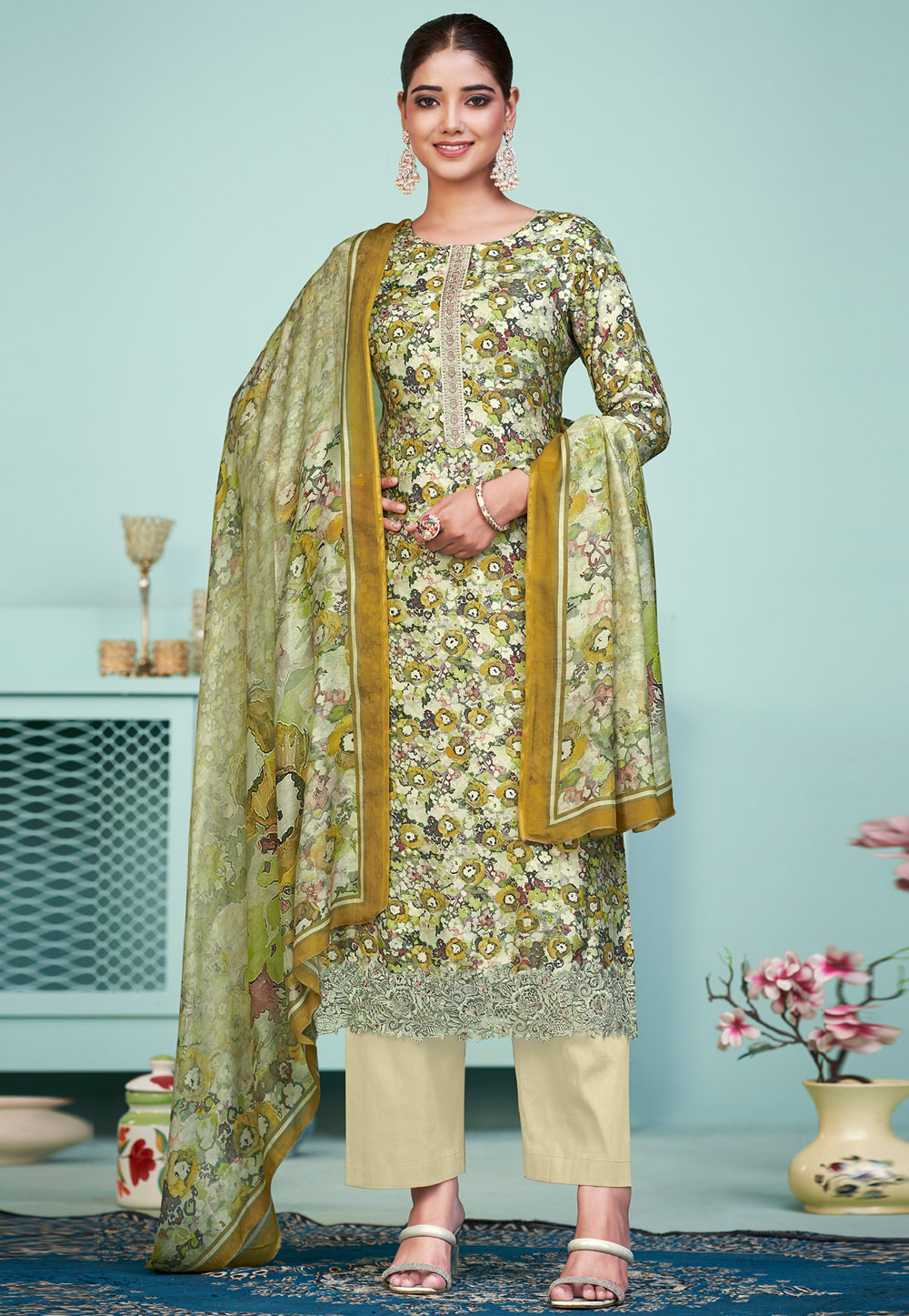 Pista Green Muslin Pakistani Suit 310969