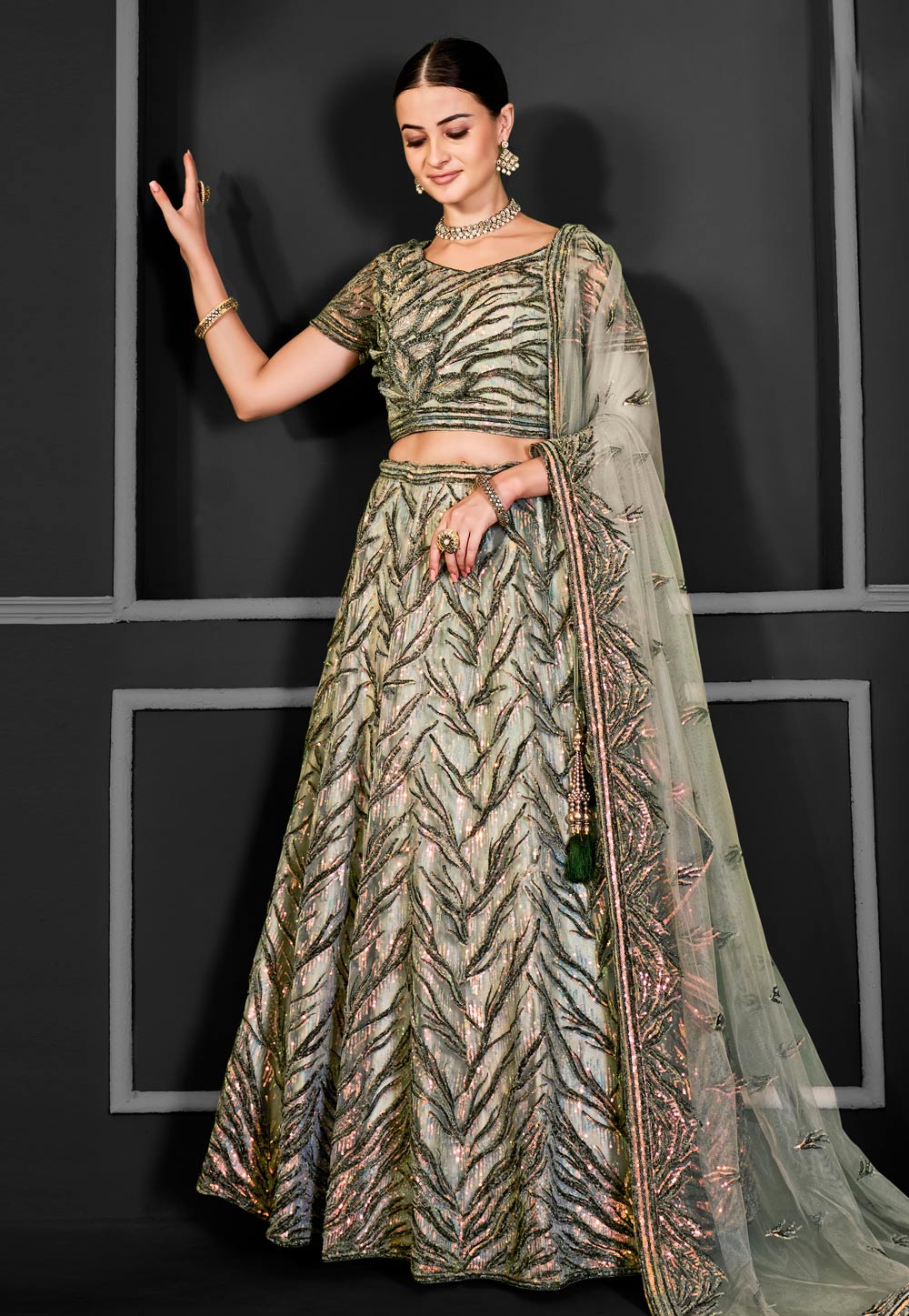 Pista Green Net A Line Lehenga Choli 310233