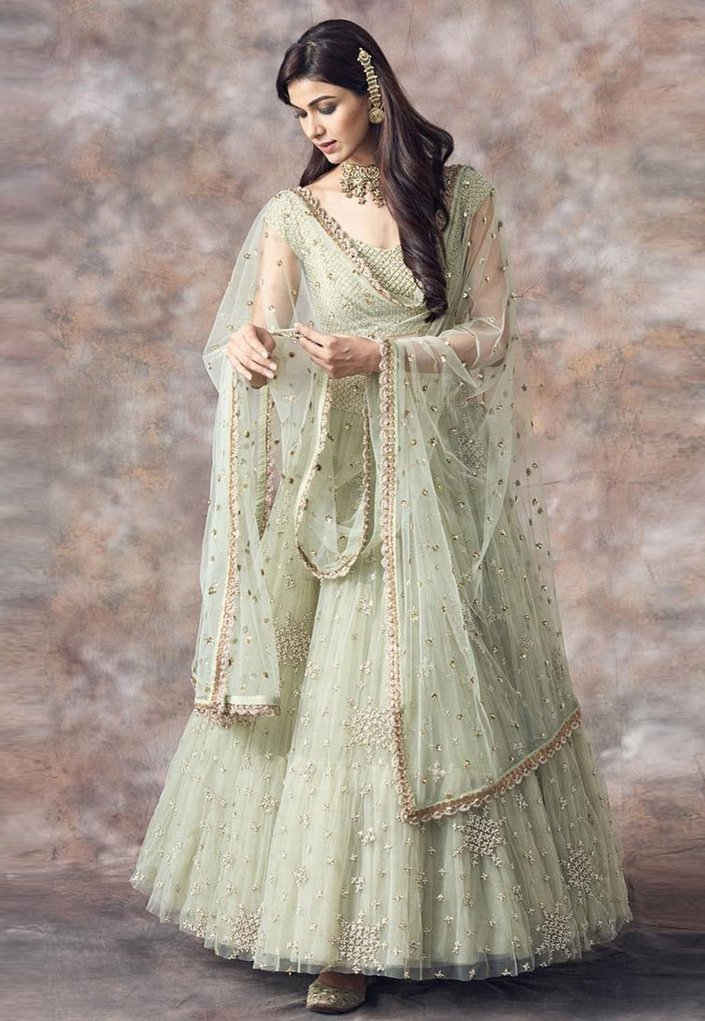 Pista Green Net A Line Lehenga Choli 322747