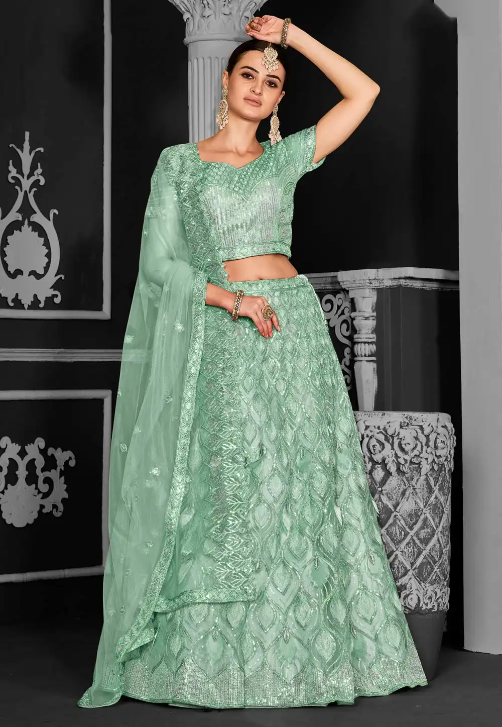 Pista Green Net Lehenga Choli 310230