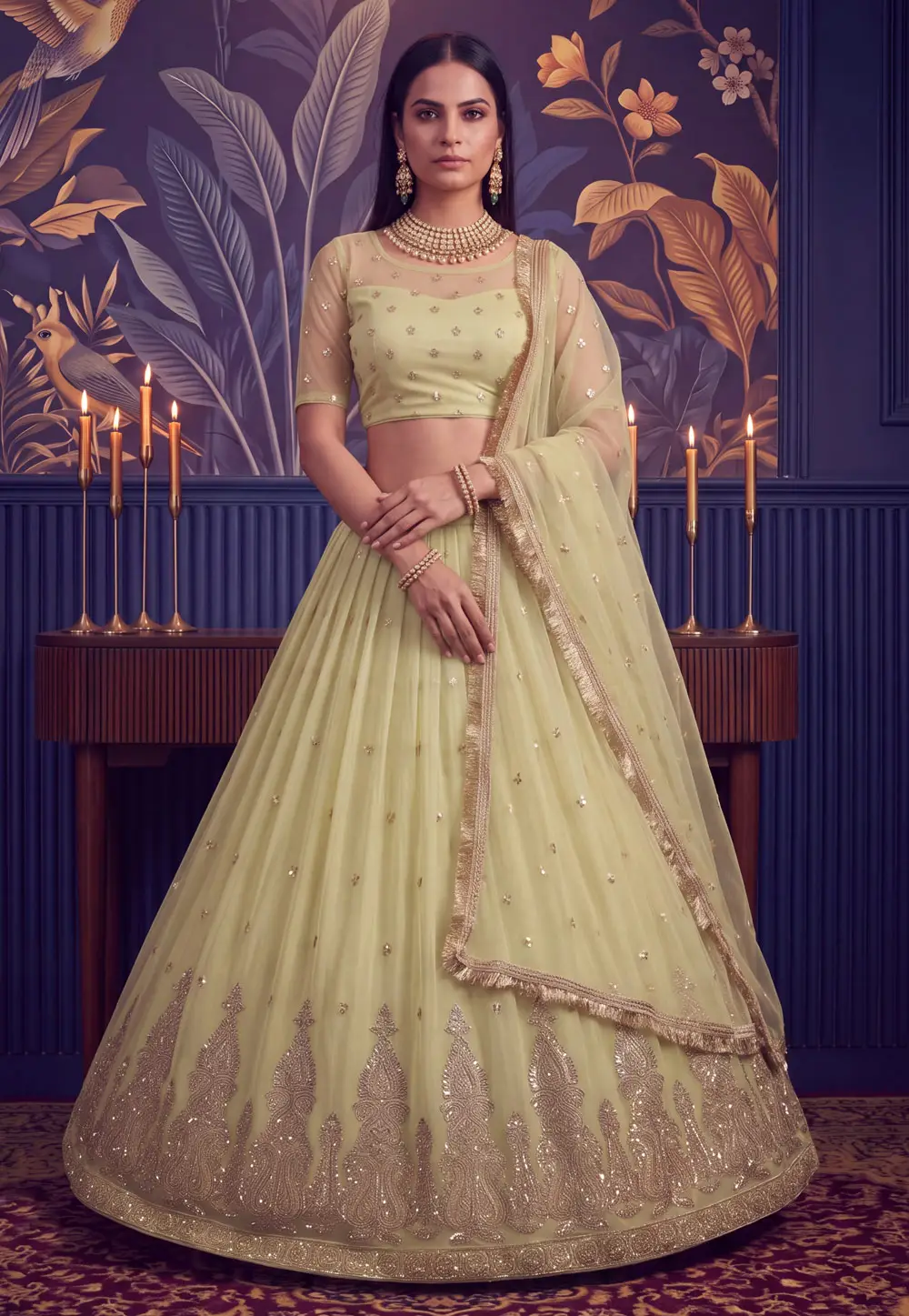 Pista Green Net Lehenga Choli 335847