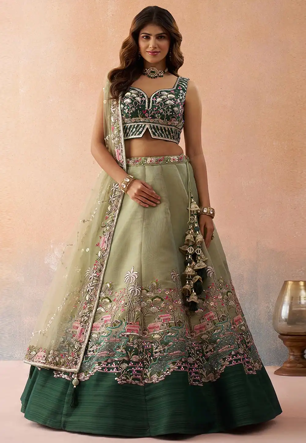 Pista Green Net Lehenga Choli For Wedding 326172