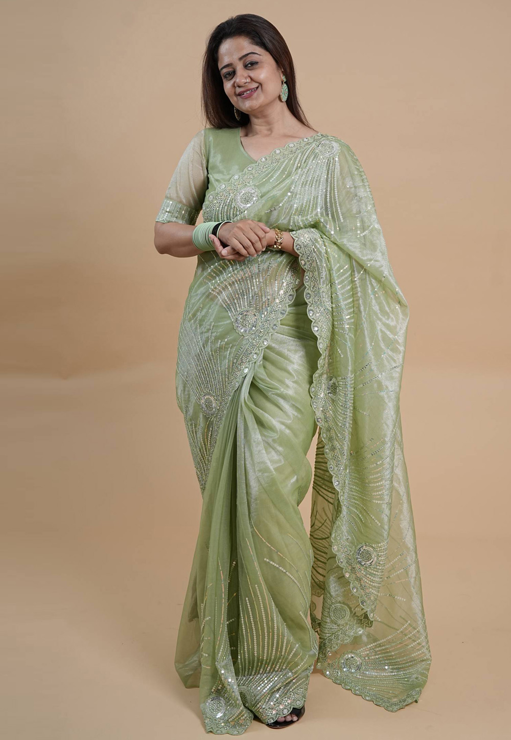 Pista Green Net Saree With Blouse 330191