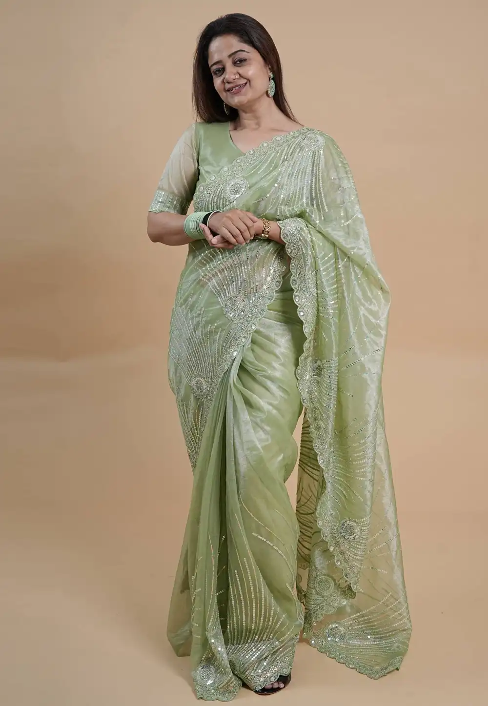 Pista Green Net Saree With Blouse 330191