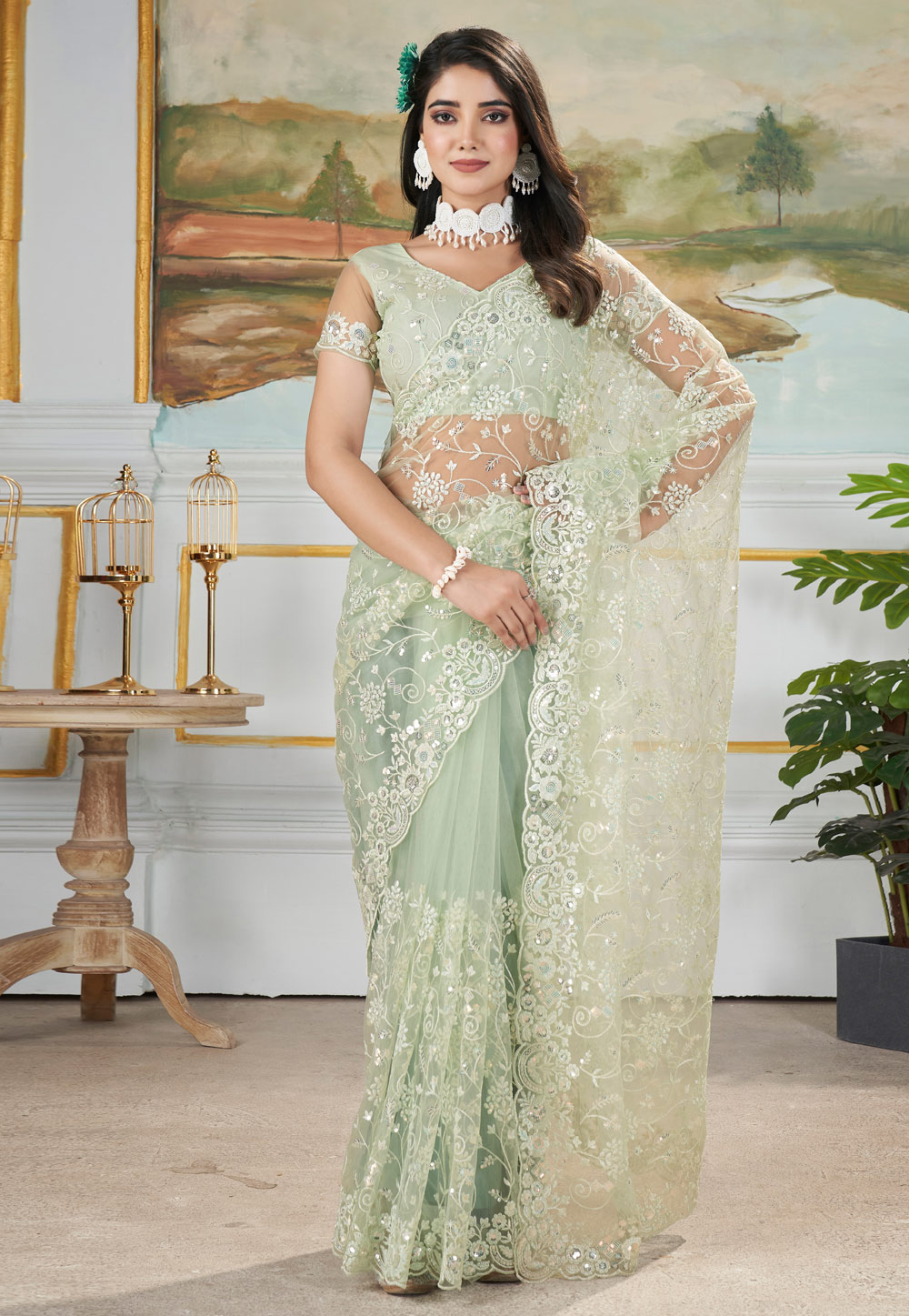 Pista Green Net Saree With Blouse 309406