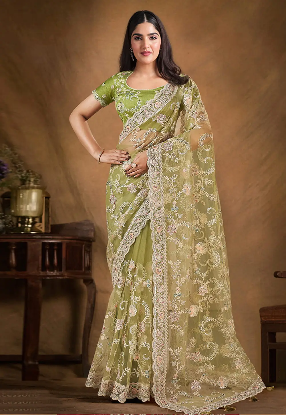 Pista Green Net Saree With Blouse 297183