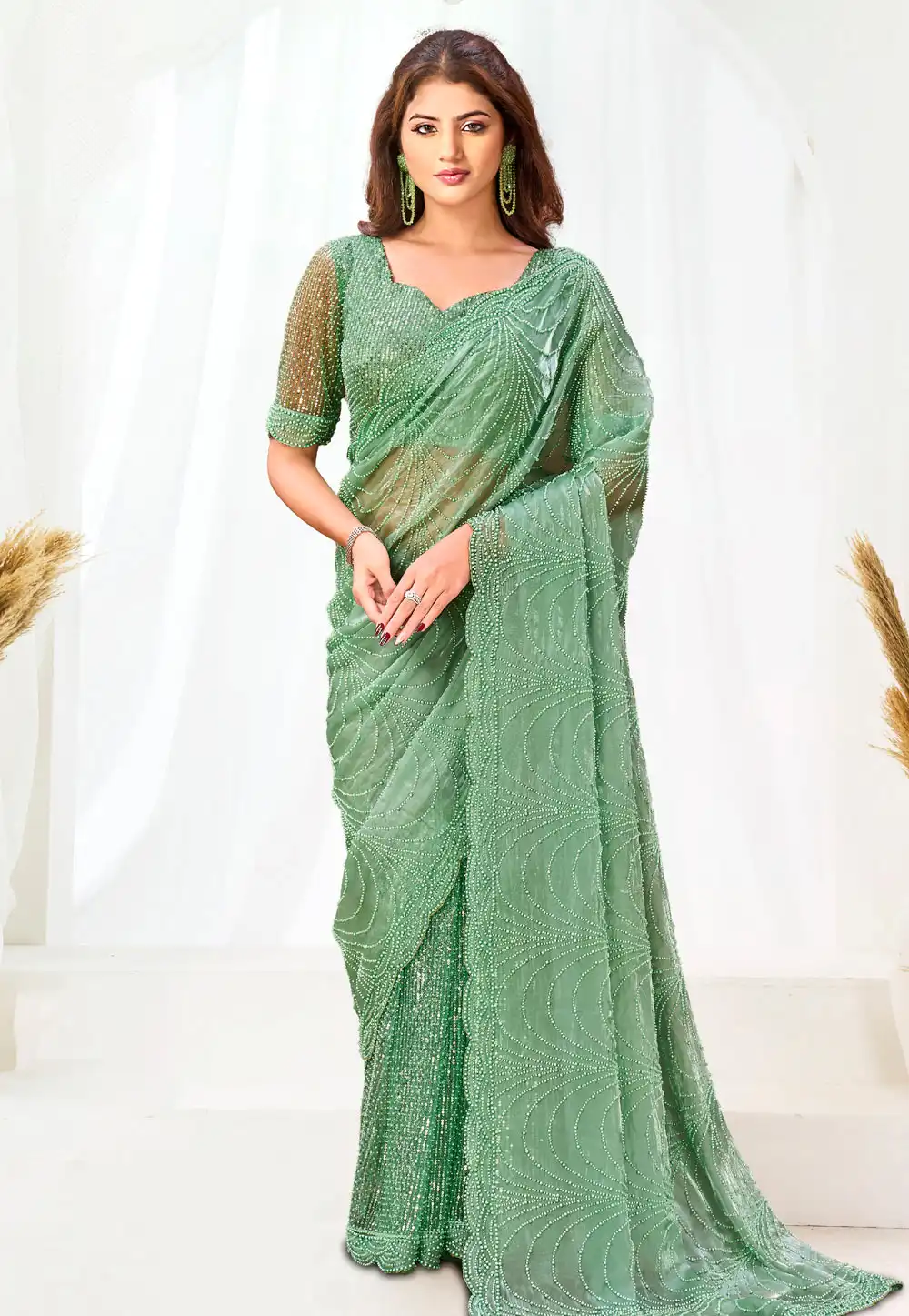 Pista Green Net Saree With Blouse 326859
