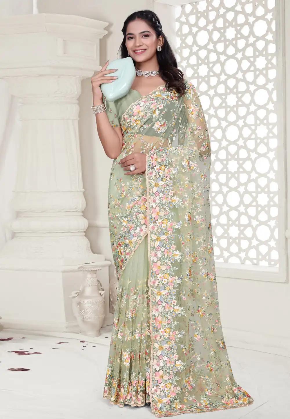 Pista Green Net Saree With Blouse 313680