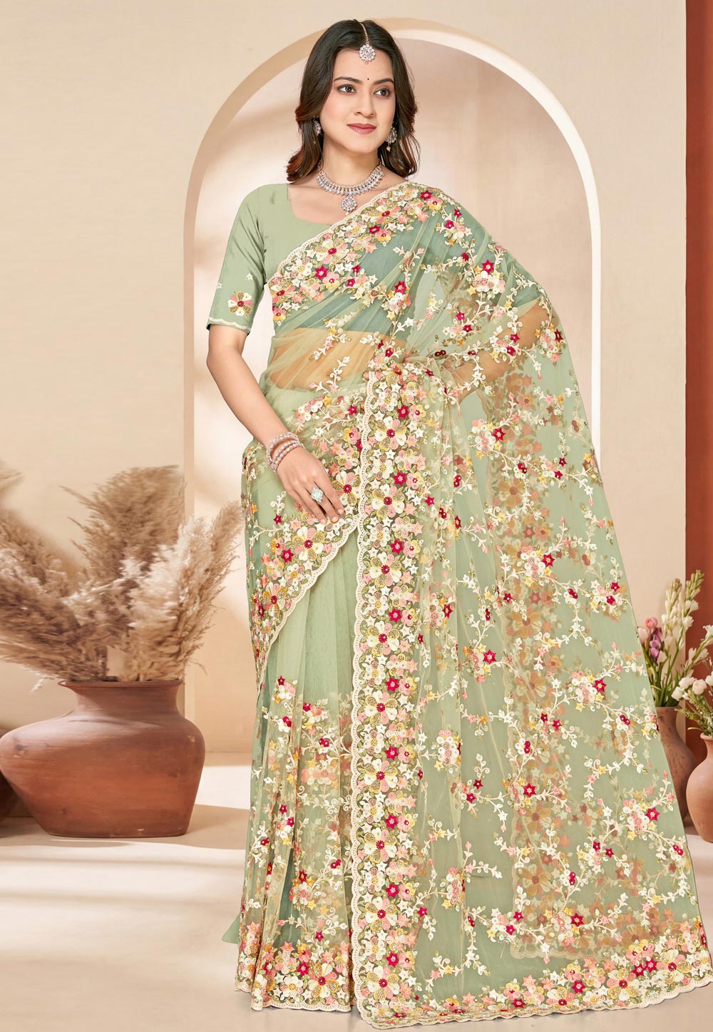 Pista Green Net Saree With Blouse 324915