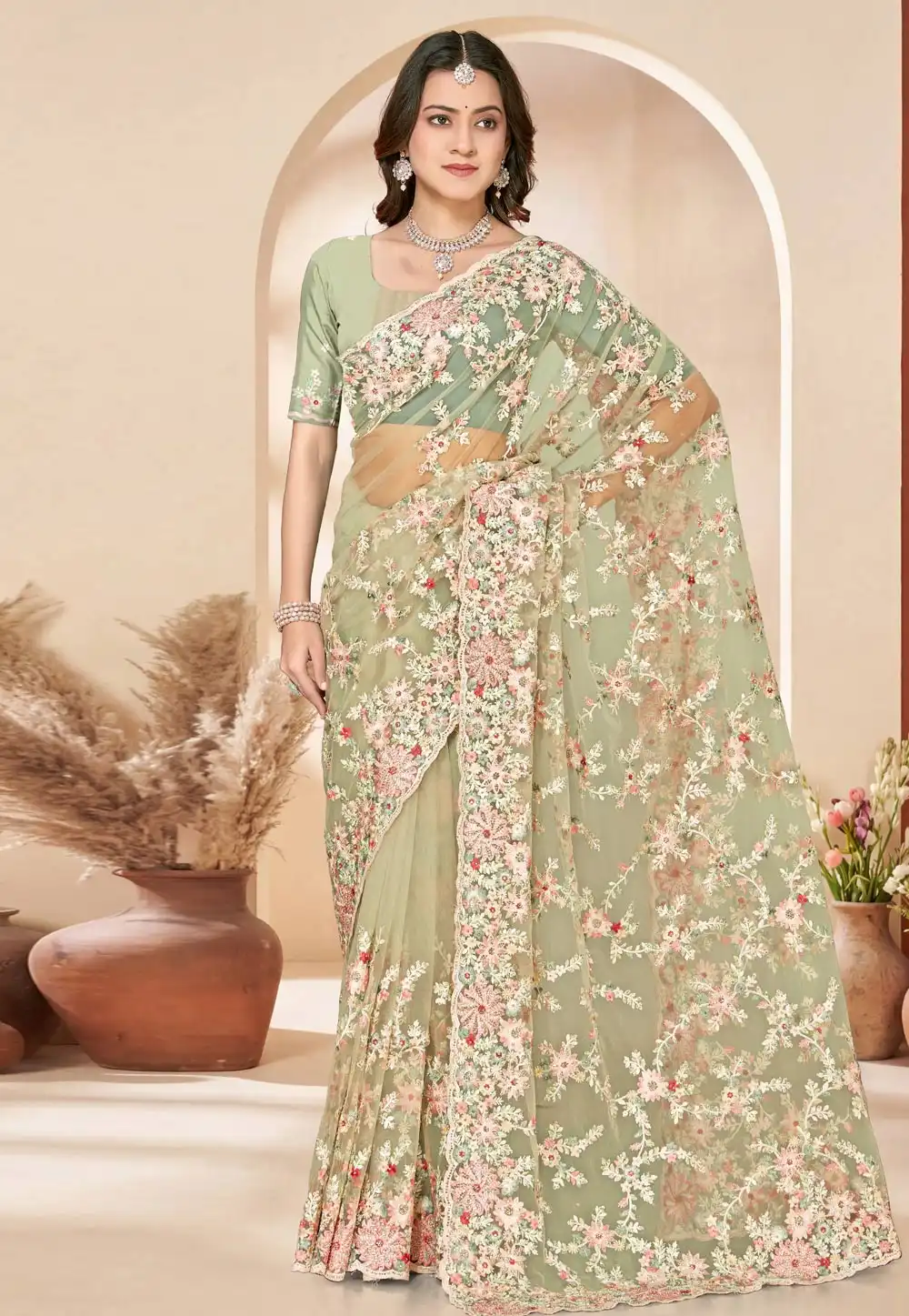 Pista Green Net Saree With Blouse 325413
