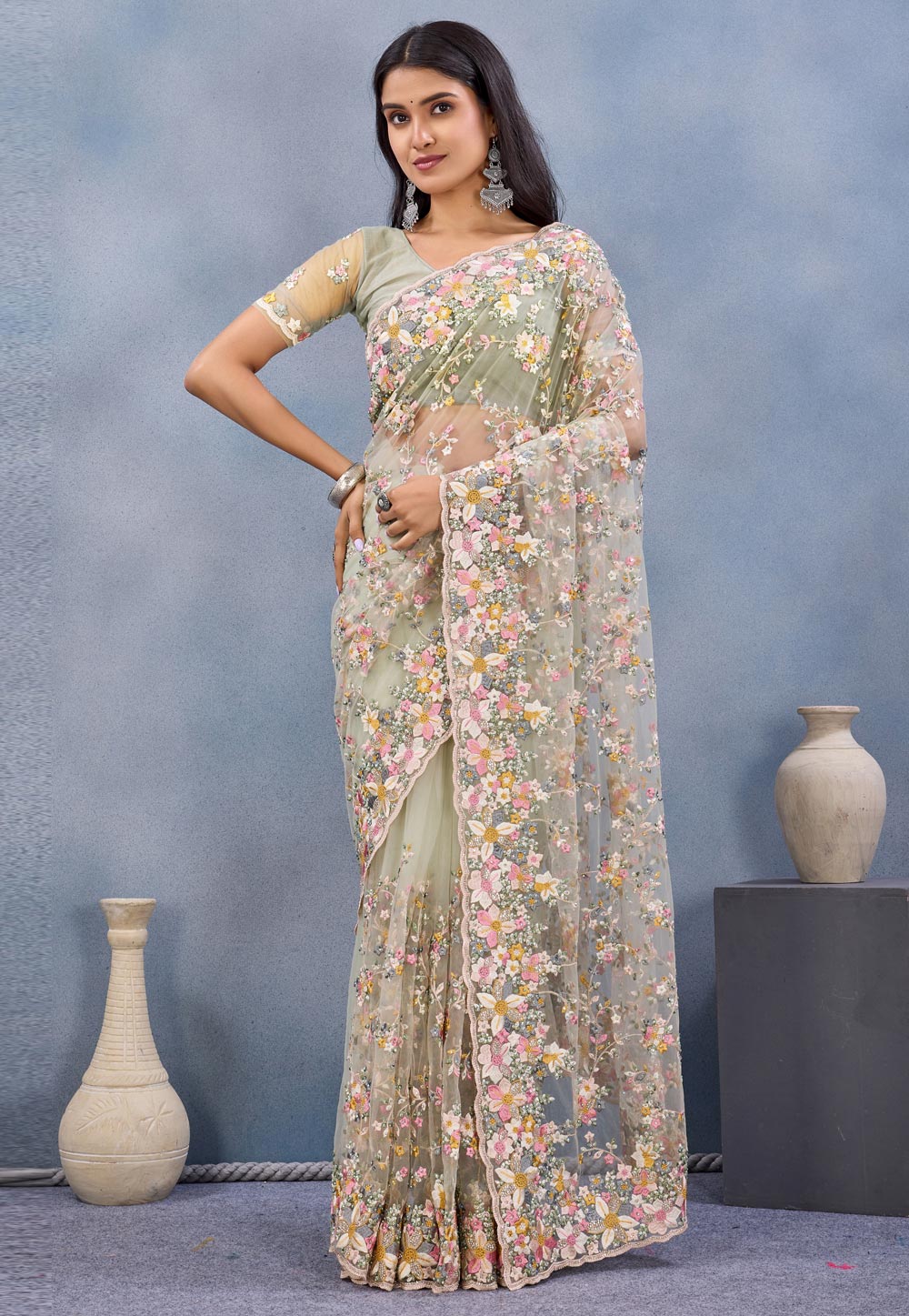 Pista Green Net Saree With Blouse 327635