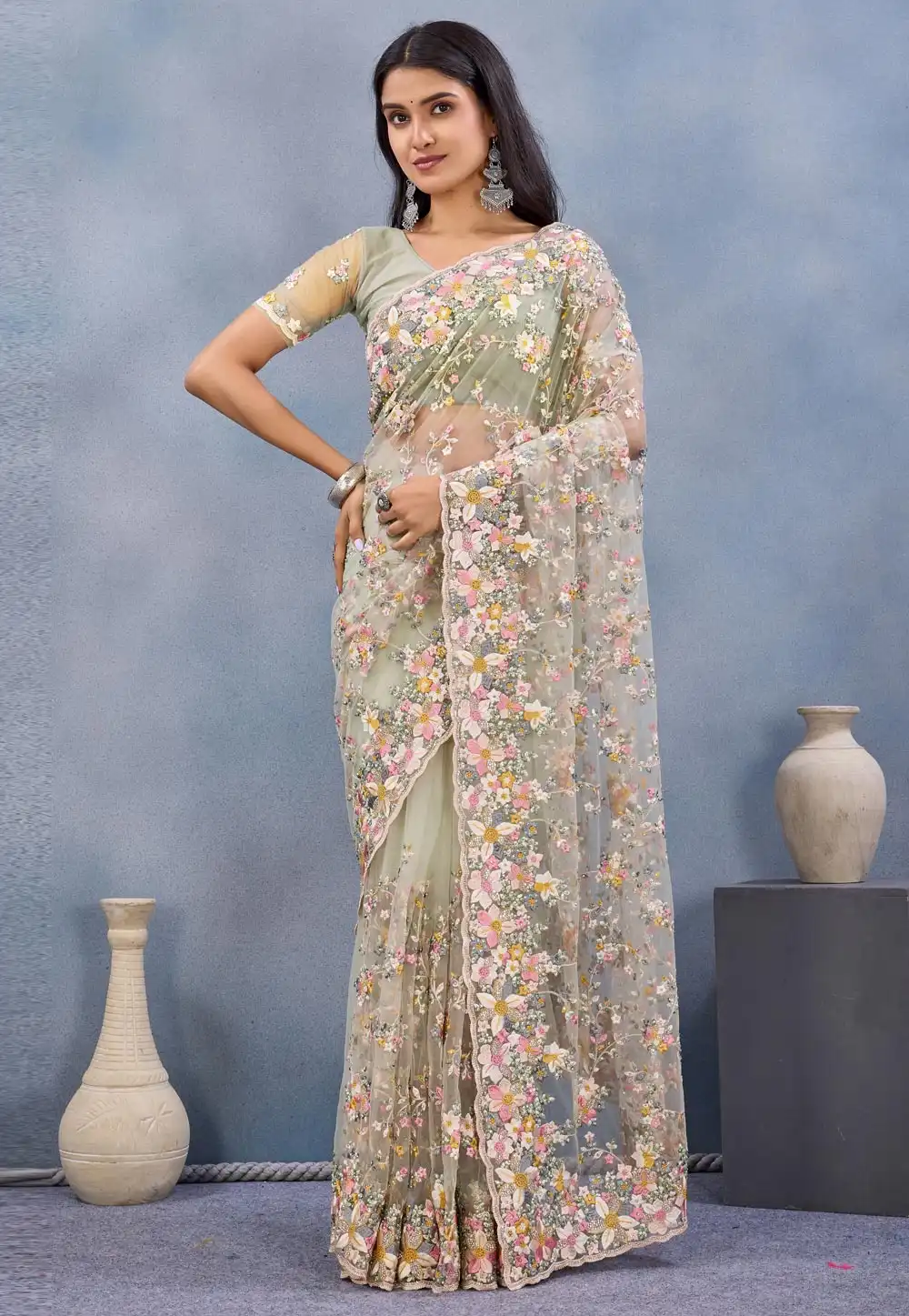 Pista Green Net Saree With Blouse 327635