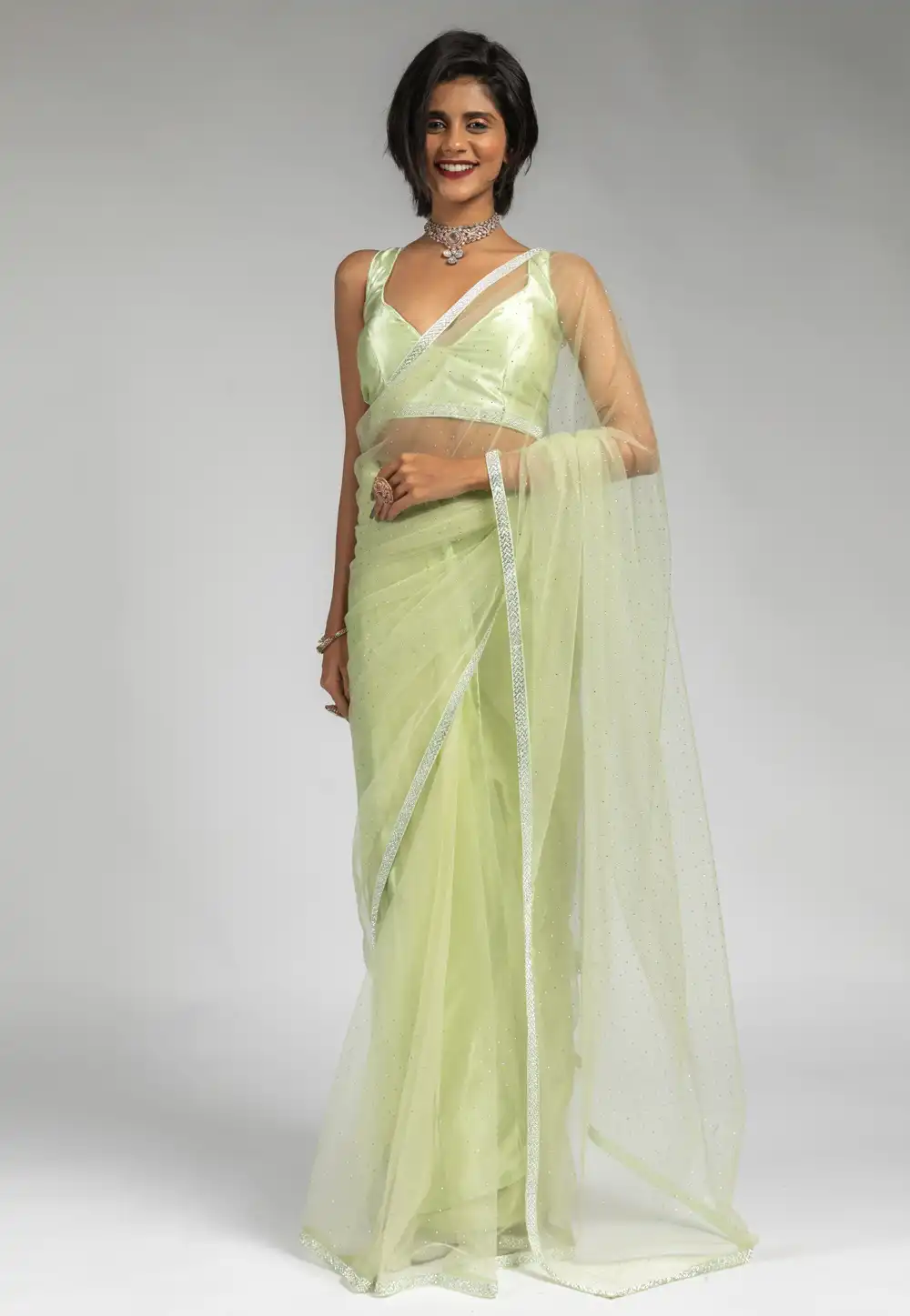 Pista Green Net Saree With Blouse 309356