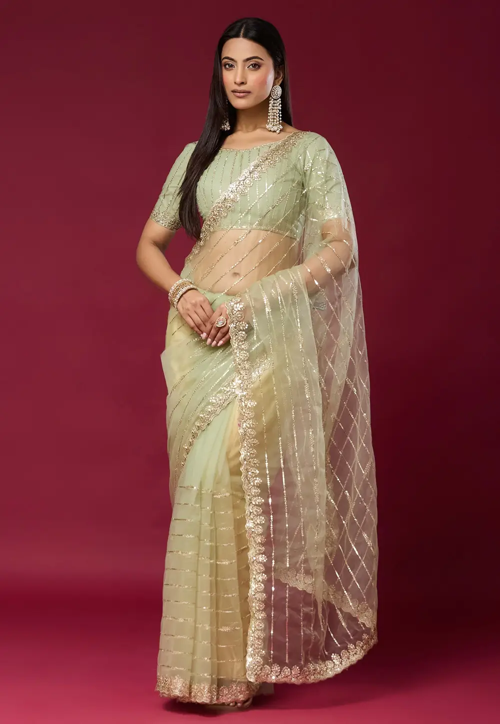 Pista Green Net Saree With Blouse 336311