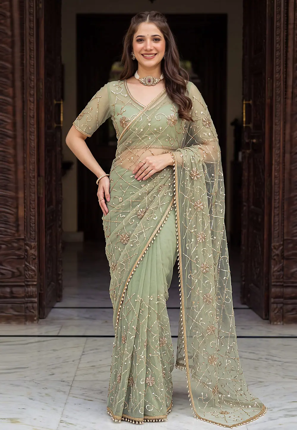 Pista Green Net Saree With Blouse 331763