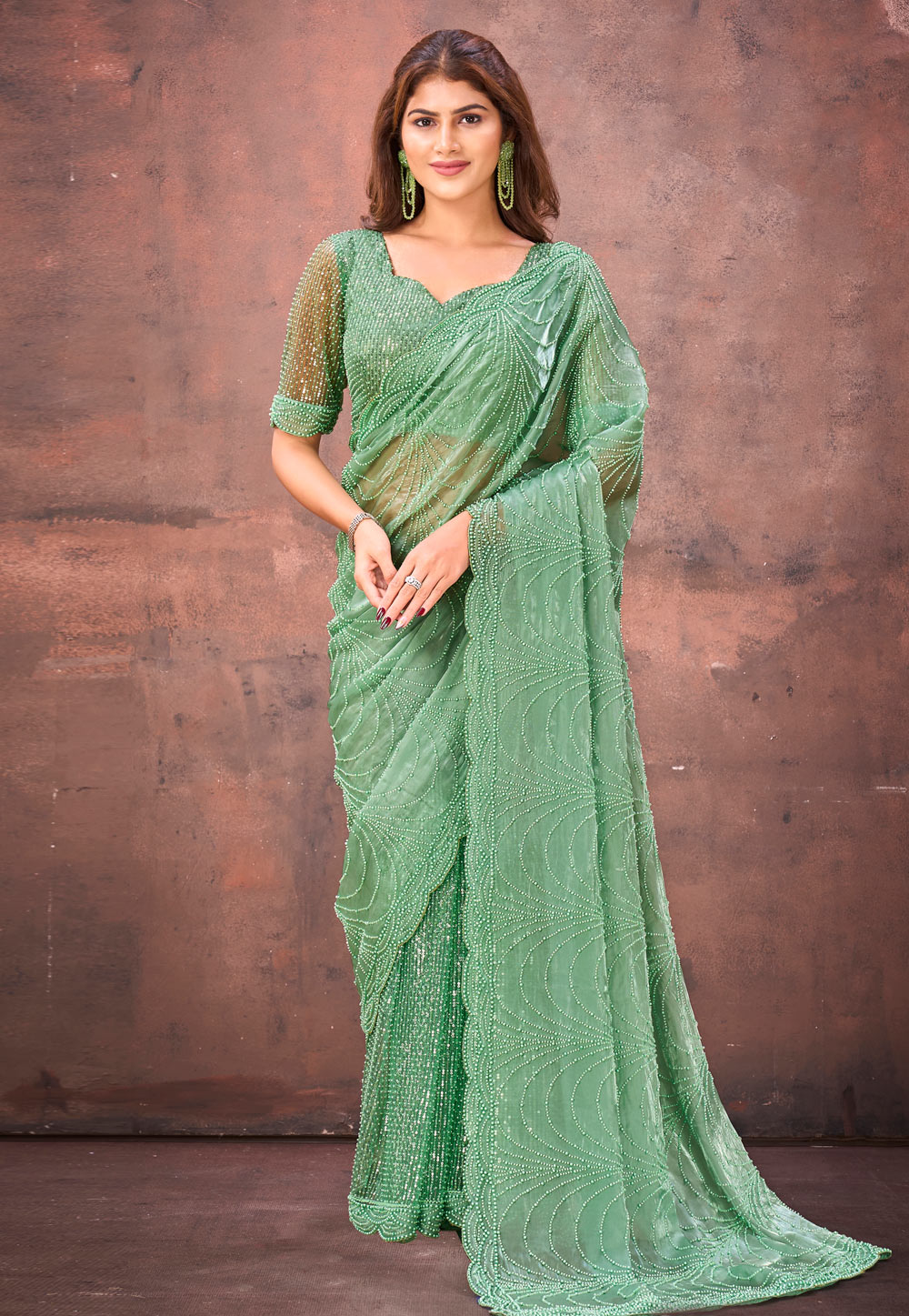 Pista Green Net Sequence Saree 320325