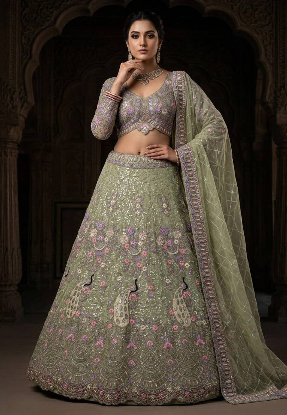 Pista Green Net Wedding Lehenga Choli 329117