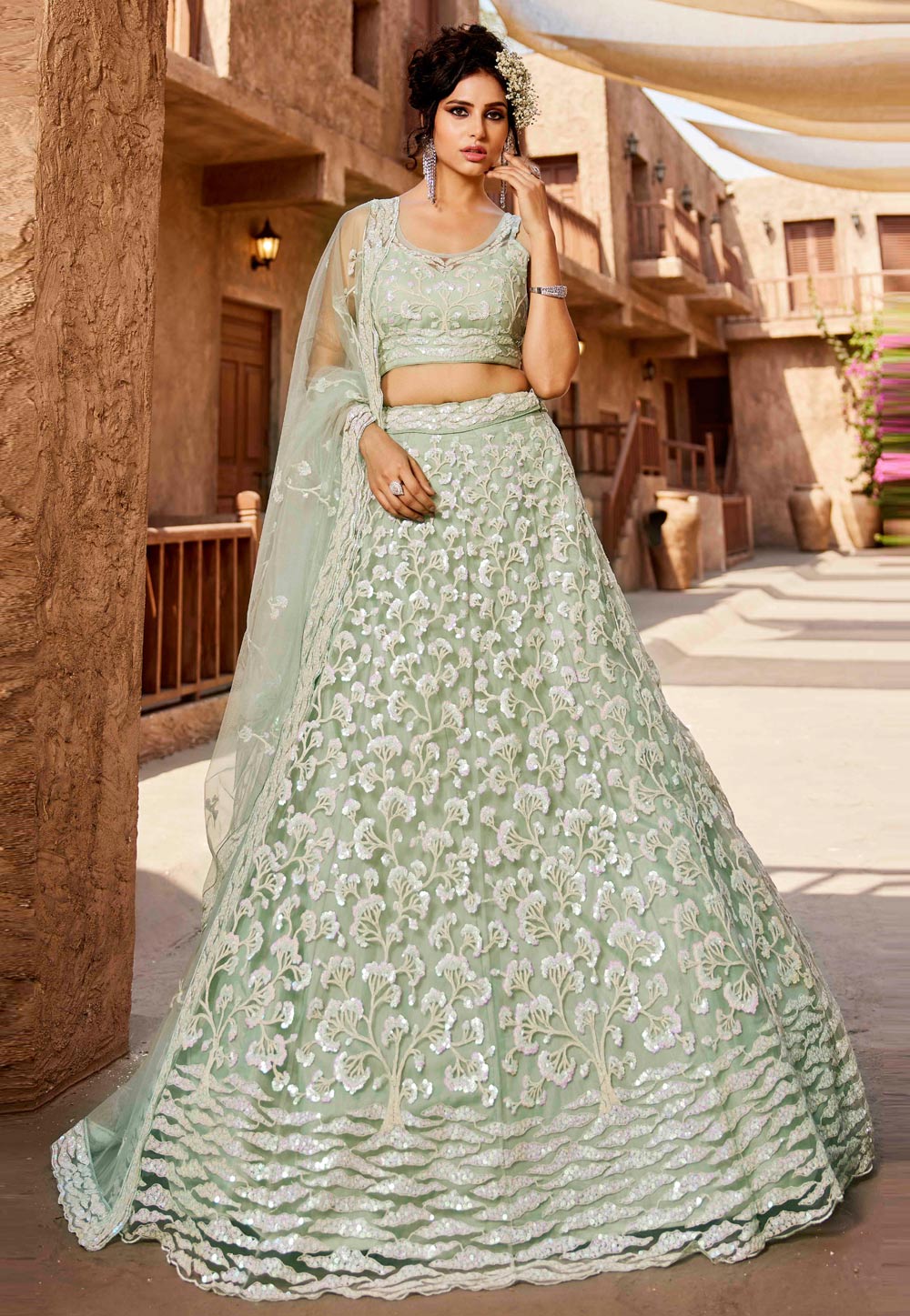 Pista Green Net Wedding Lehenga Choli 306641