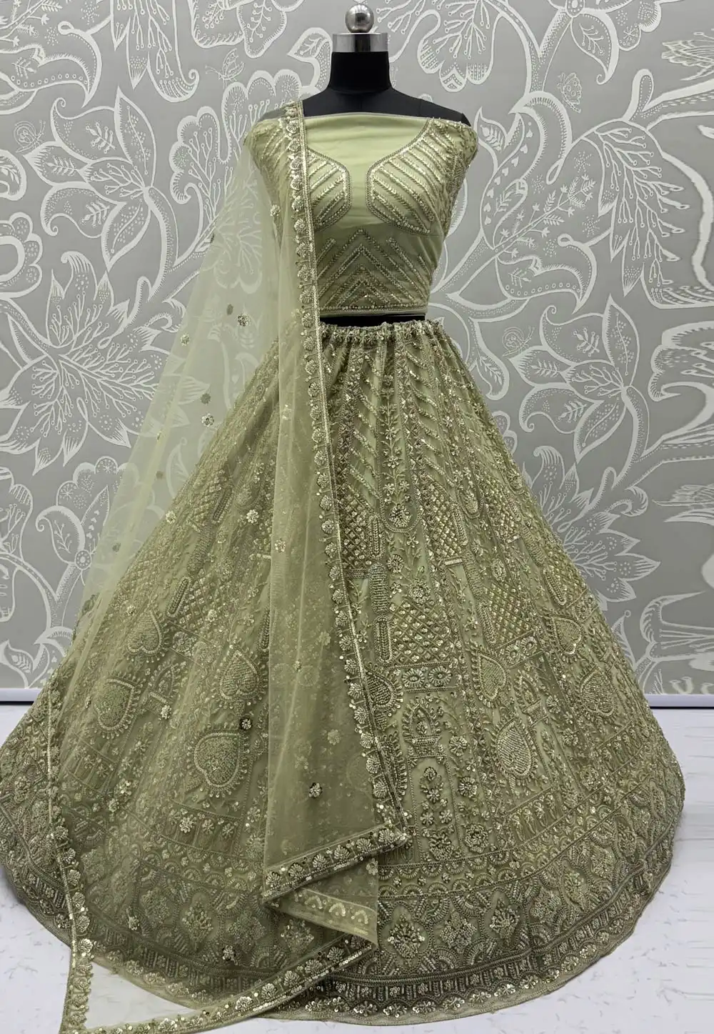 Pista Green Net Wedding Lehenga Choli 314559