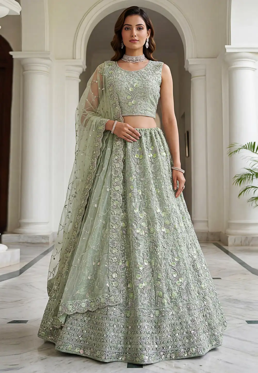 Pista Green Net Wedding Lehenga Choli 324426