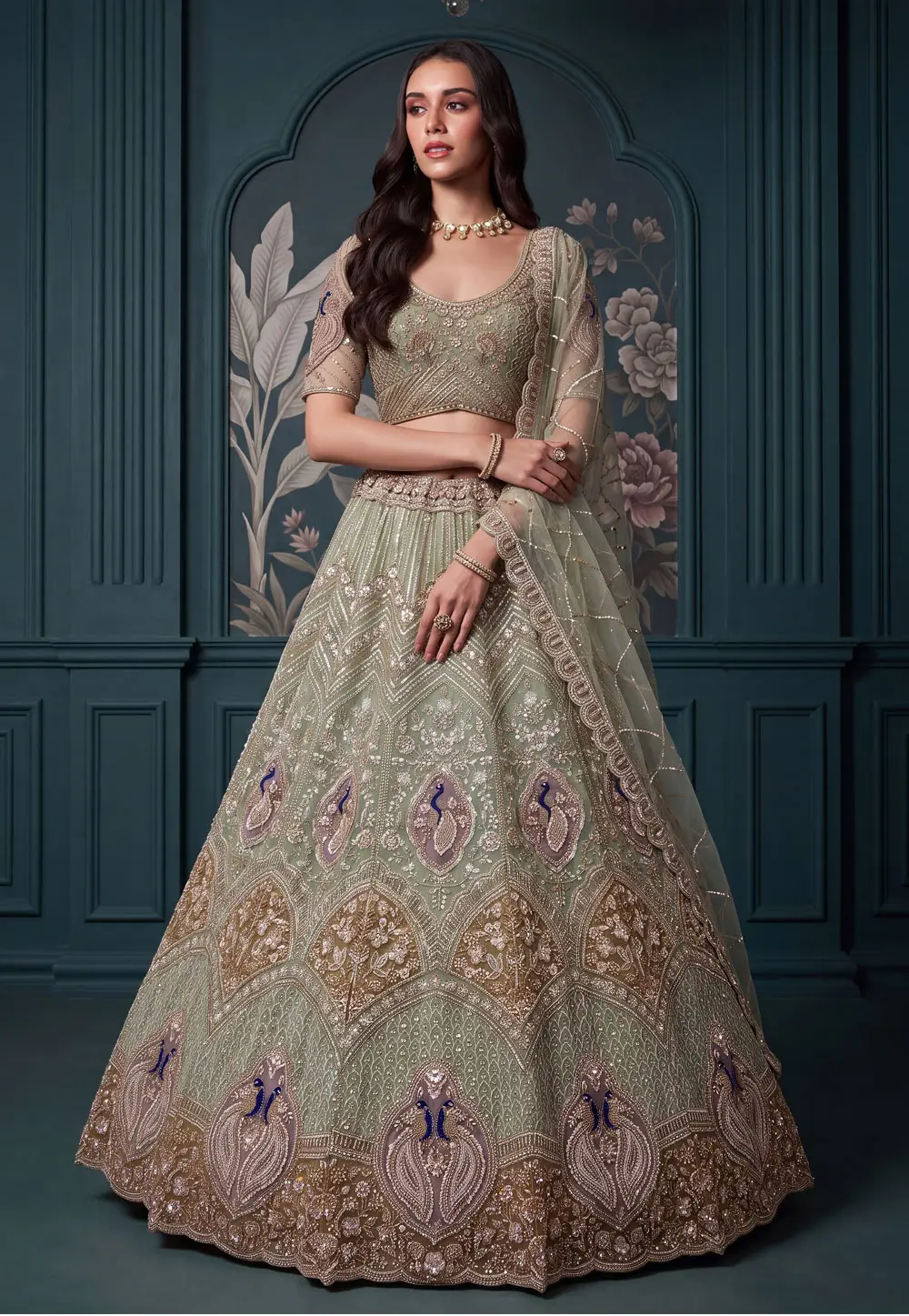 Pista Green Net Wedding Lehenga Choli 335683