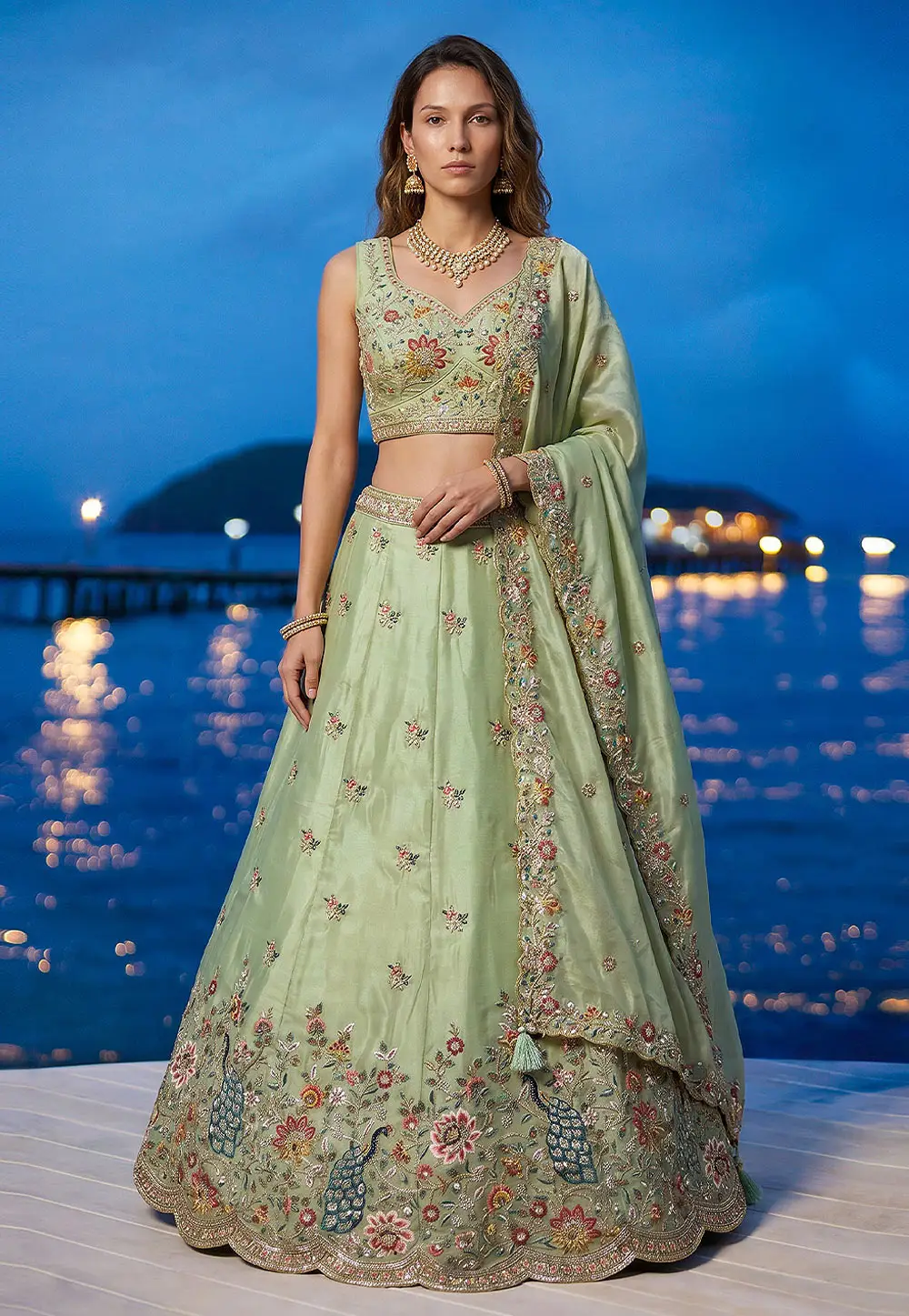 Pista Green Organza Circular Lehenga Choli 332970