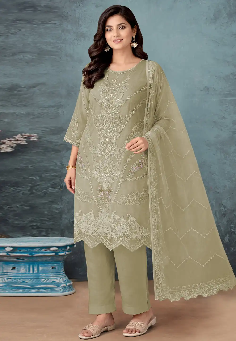 Pista Green Organza Embroidered Pakistani Suit 330646
