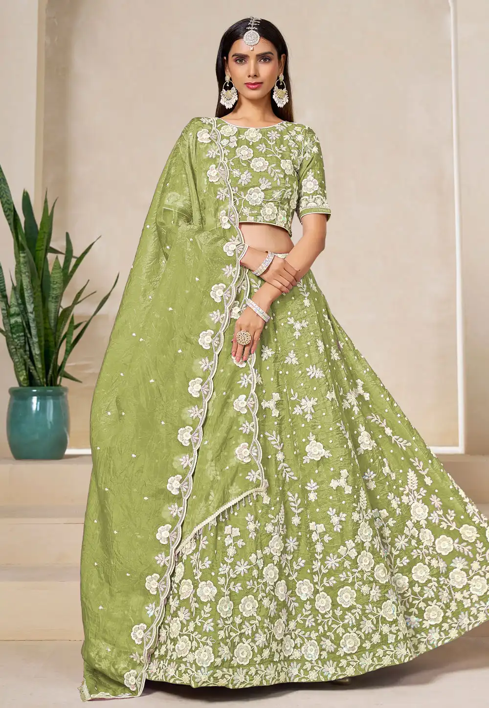 Pista Green Organza Lehenga Choli 314359