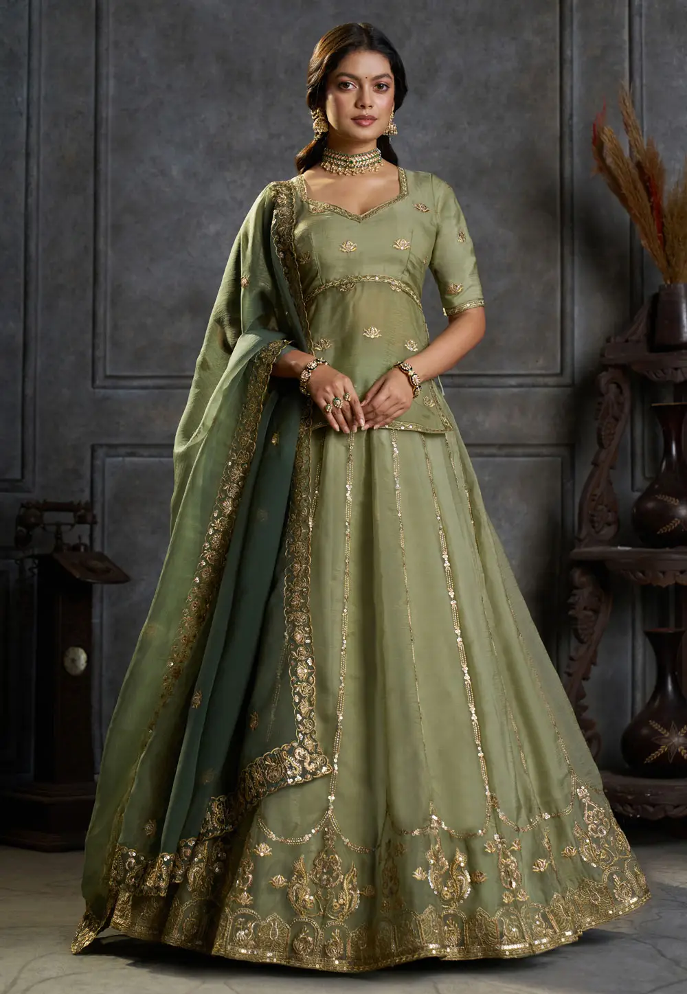 Pista Green Organza Lehenga Choli 336472