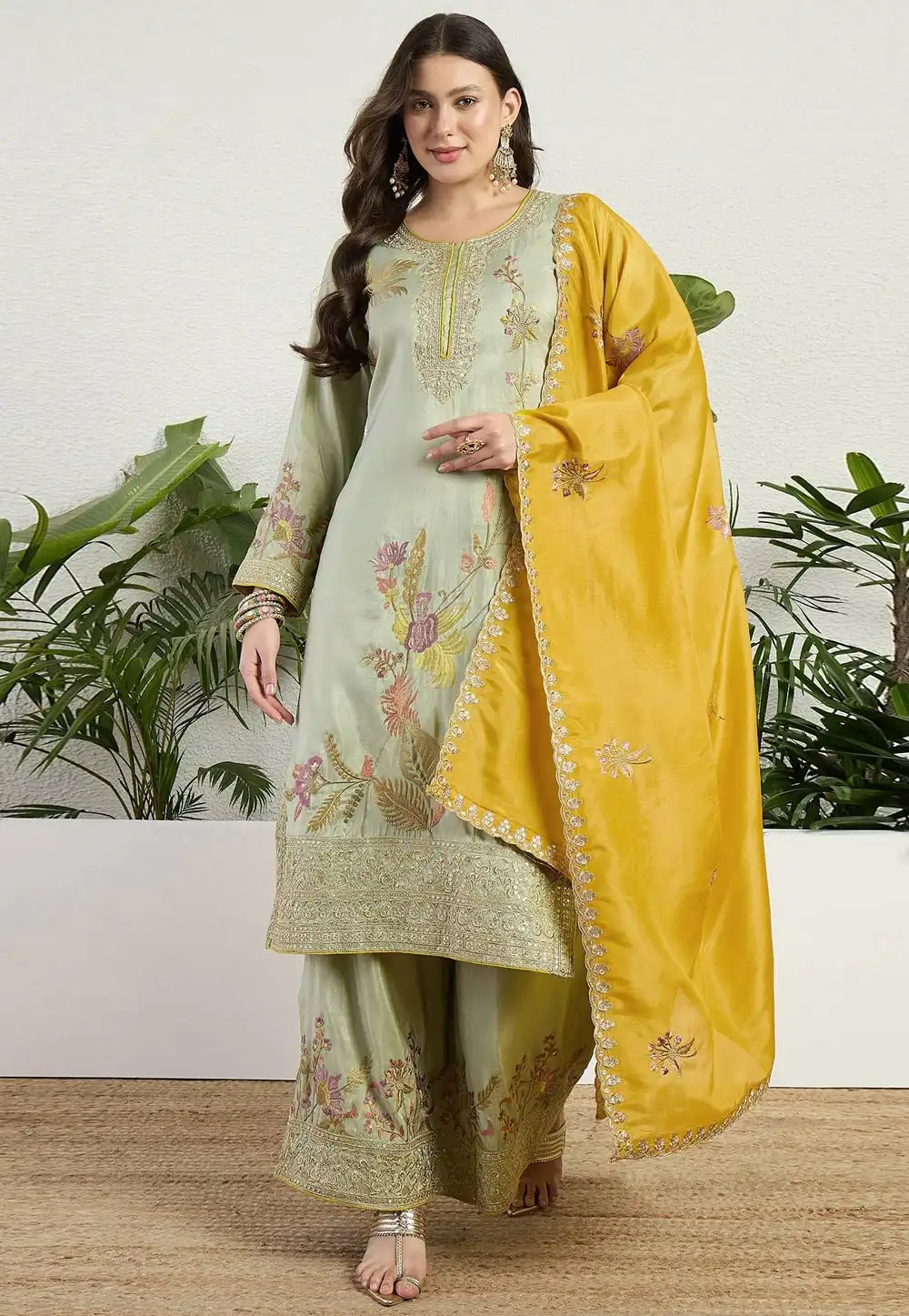 Pista Green Organza Readymade Palazzo Suit 330669