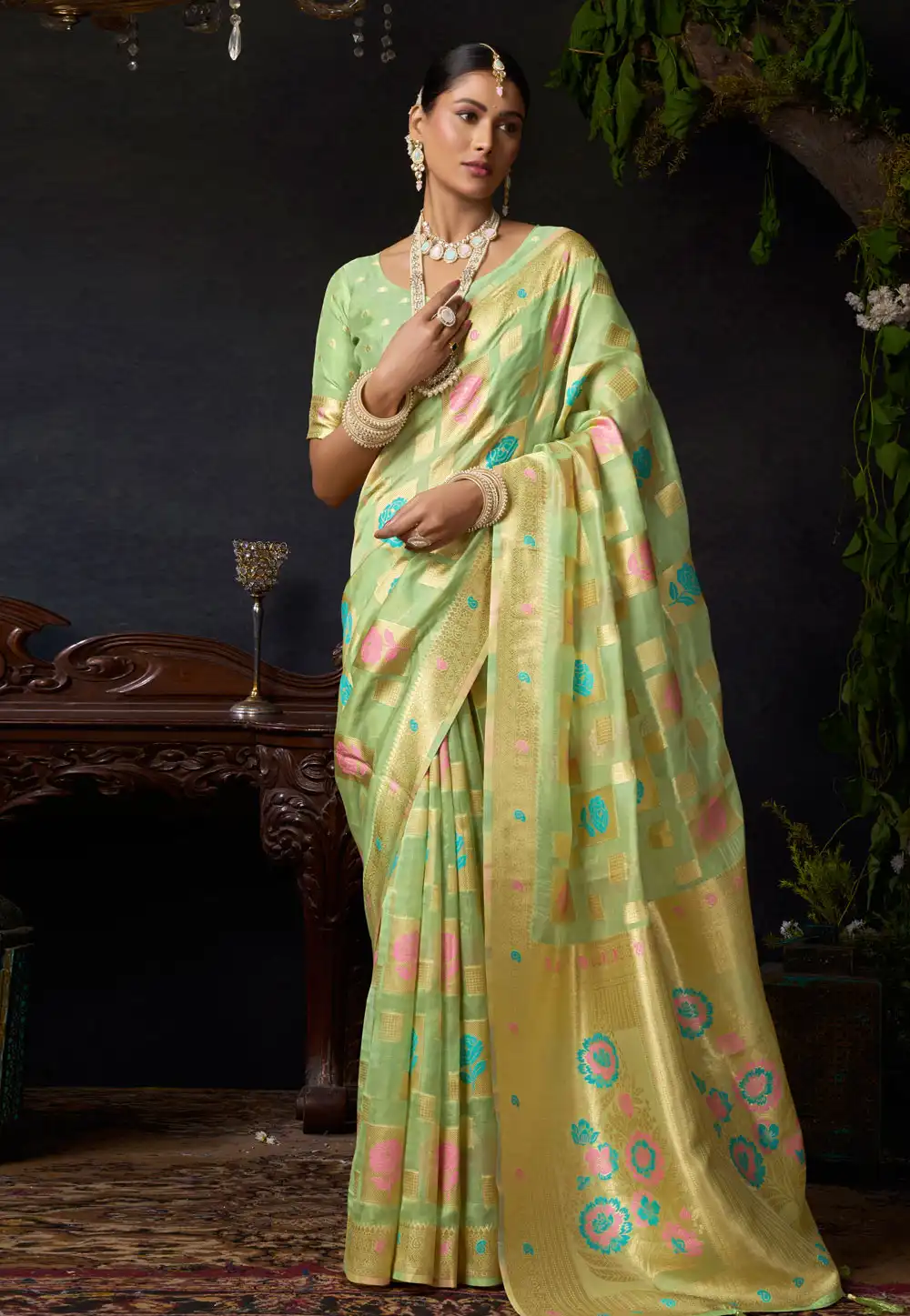 Pista Green Organza Saree With Blouse 317718