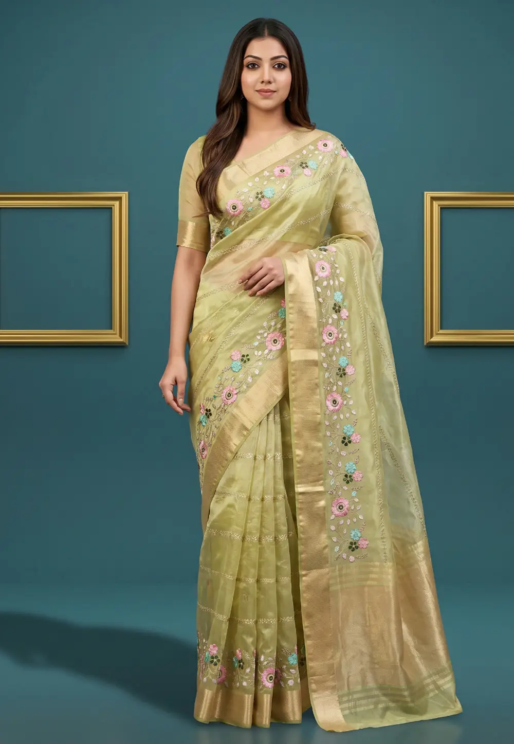 Pista Green Organza Saree With Blouse 336626